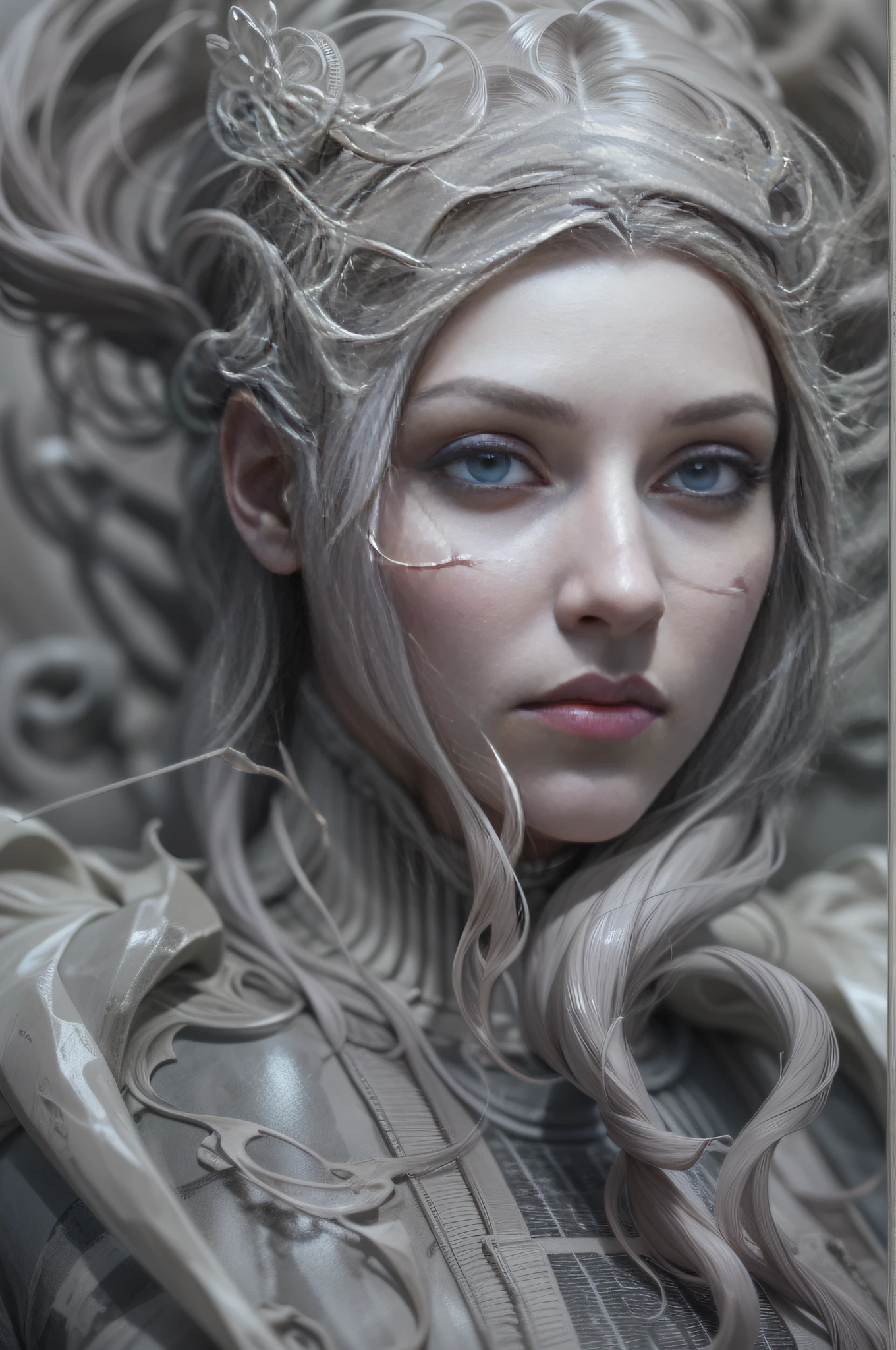 Masterpiece,Gray marble,sculptor, Escultura, Cracked marble:0.4,1 woman ,Marble statue of,action figure, Giger, full bodyesbian,Marble cut countertop,back Lighting, Realistic portrait, Symmetrical, Strong, intricate drawing, Highly detailed , Digital painting, Art Station, concept-art, Fluid, Sharp focus, Light gray skin, pale colored eyes.