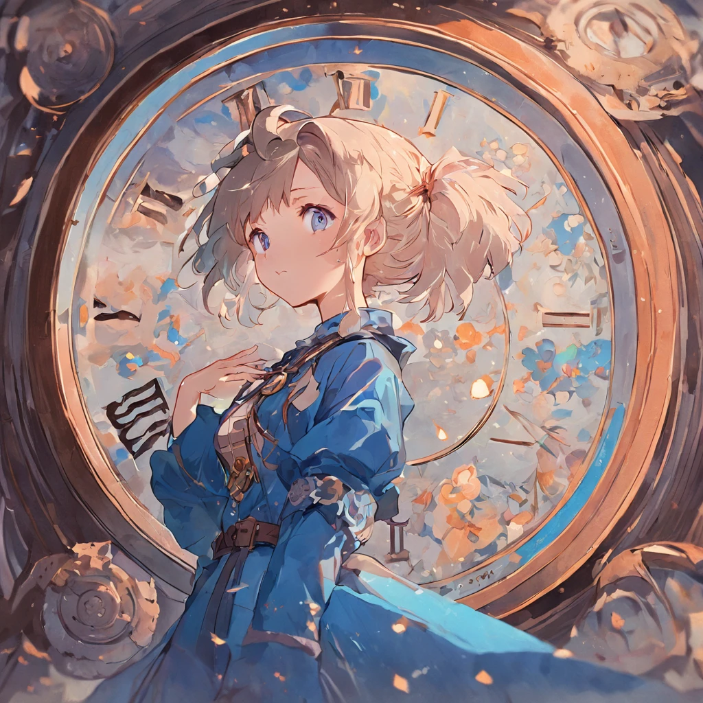 Western vintage dial，There is texture，The overall color is blue，The perimeter of the dial is wrapped in flowers，It's Iris，Very romantic，There should be a logo on the top of the dial，Called "Oops"，Background: None，The overall color is blue-purple，anime big breast，Watercolor painting，illustration