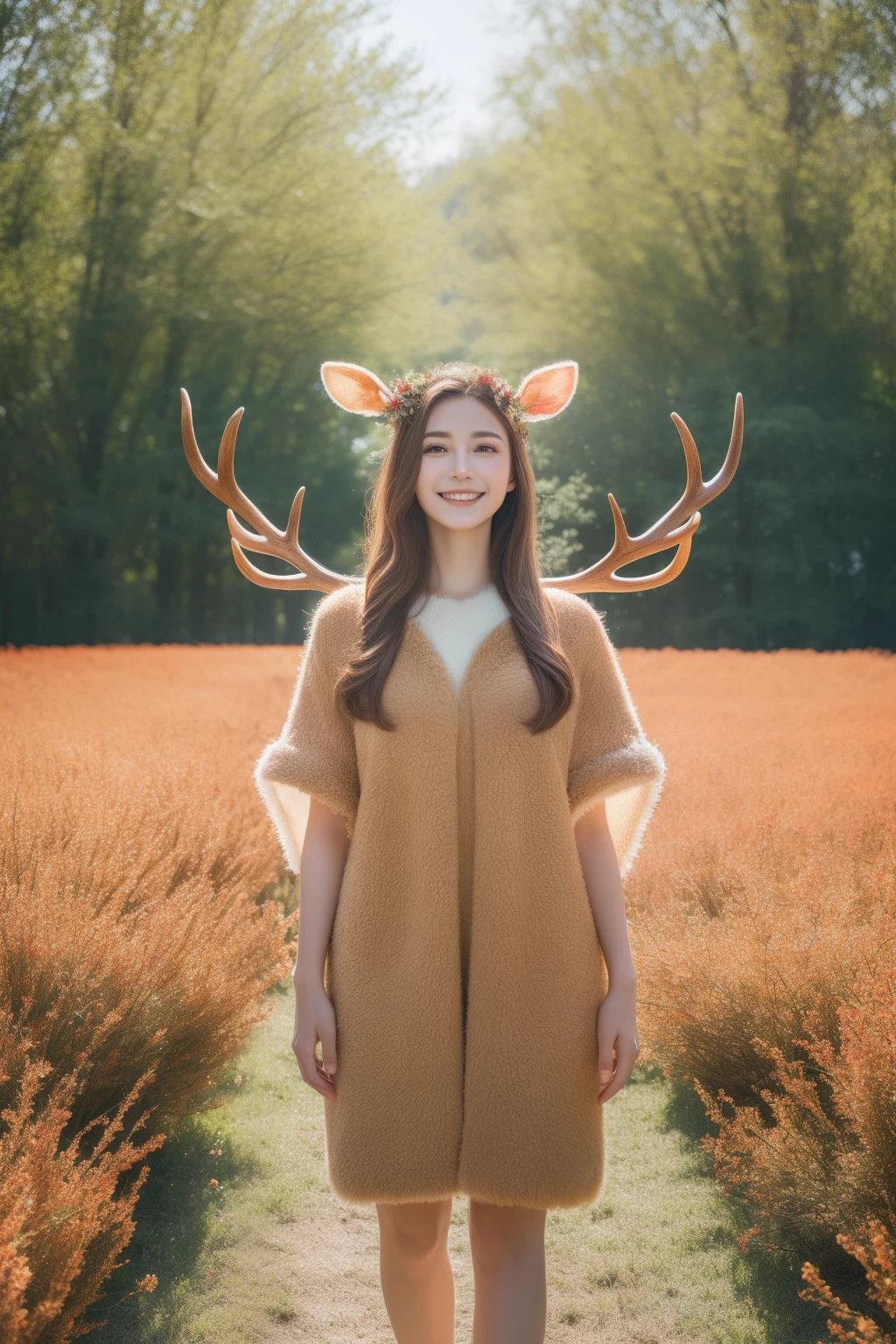 Best quality, masterpiece, ultra high res, (photorealistic:1.4), raw photo, 1girl,  blossom  flower field, glowing skin, light smile，deer costume,antlers,soft brown fur,graceful,nature-themed gathering,