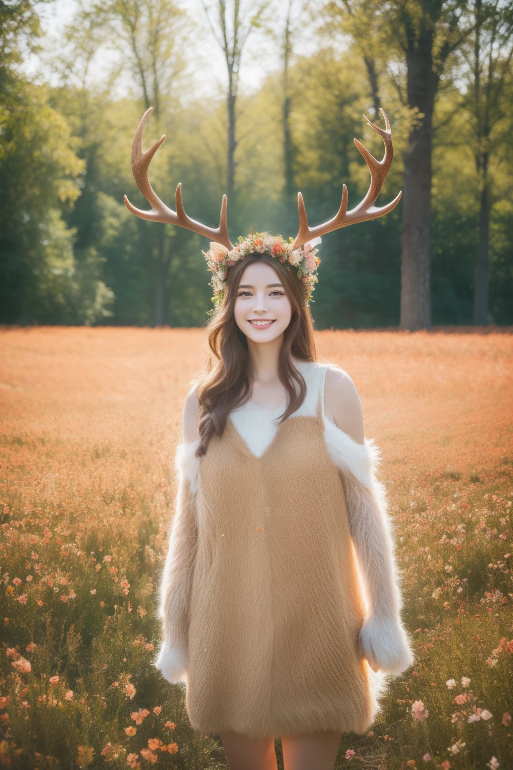 Best quality, masterpiece, ultra high res, (photorealistic:1.4), raw photo, 1girl, blossom flower field, glowing skin, light smile,deer costume,antlers,soft brown fur,graceful,nature-themed gathering,