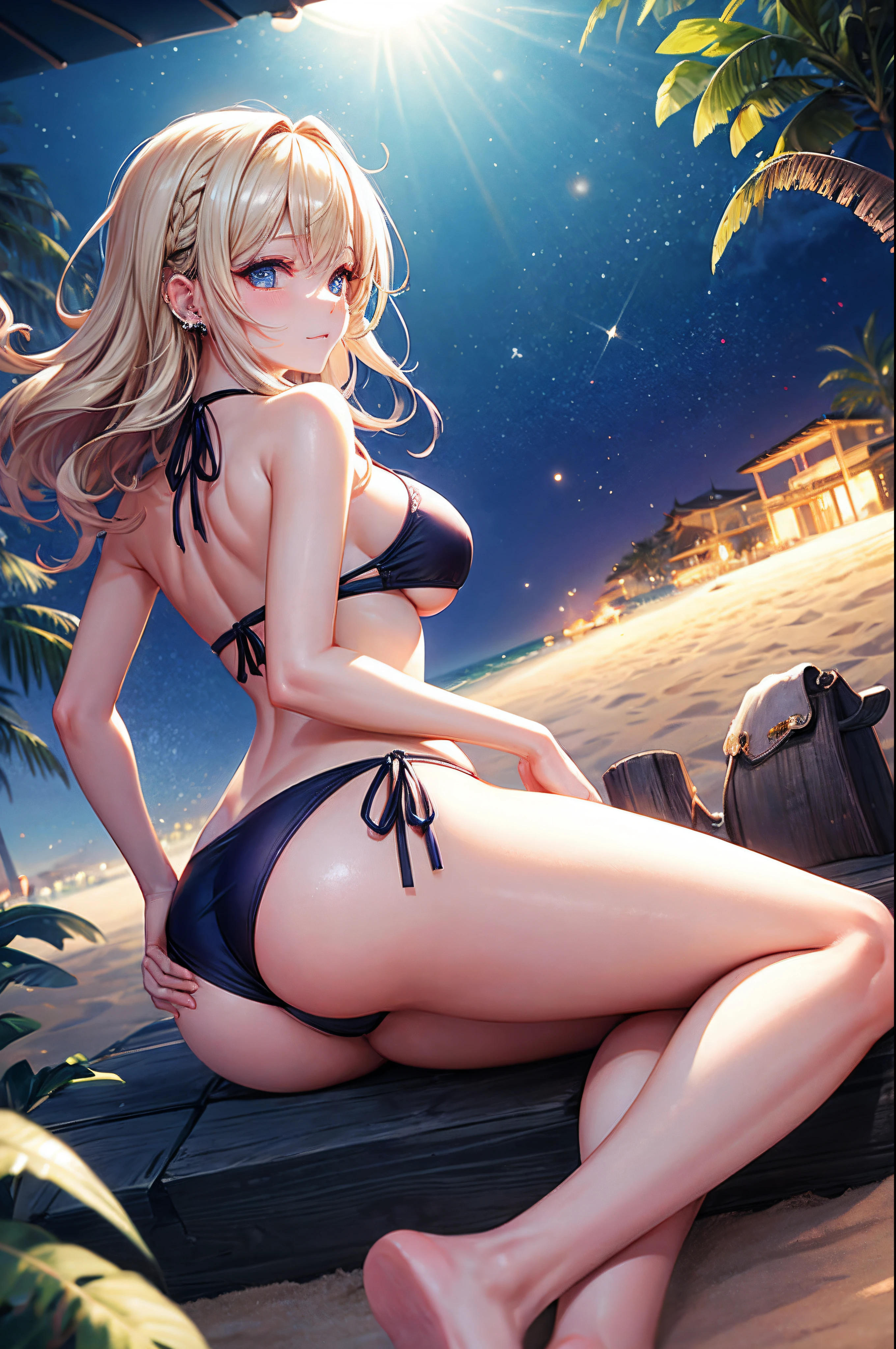 realisitic、top-quality、 1 人、25-years old、Light colored hair、piercings、Shy face、Fancy Bikini、beautiful boob 、sexypose、s ass、night sandy beach、Particles of light、profetional lighting、blue open sky