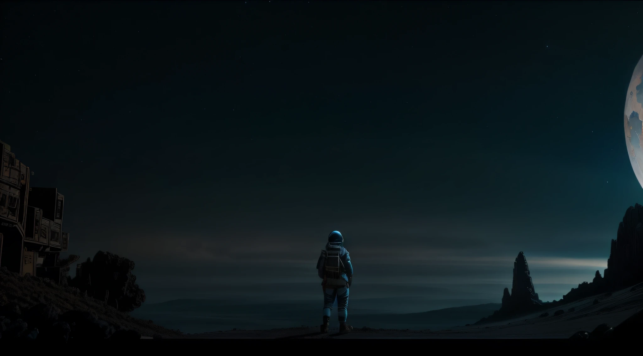 astronaut woman in alien world, eerie background, big scene, science fiction, 8k, UHD