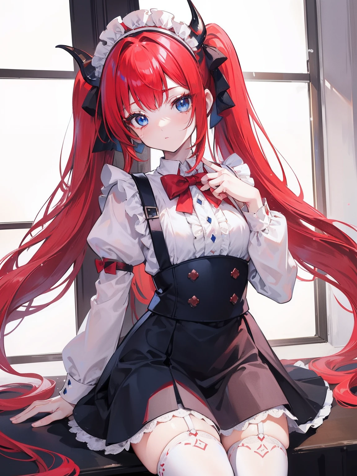 red hair,blue eyes,twintails,maid, long hair, long sleeves, gothic, solo, loli,Short skirt, white stockings,{{best quality}}, {{masterpiece}}, {{ultra-detailed}}, {illustration}, {detailed light}, {an extremely delicate and beautiful}, girl,cute,dragon horns