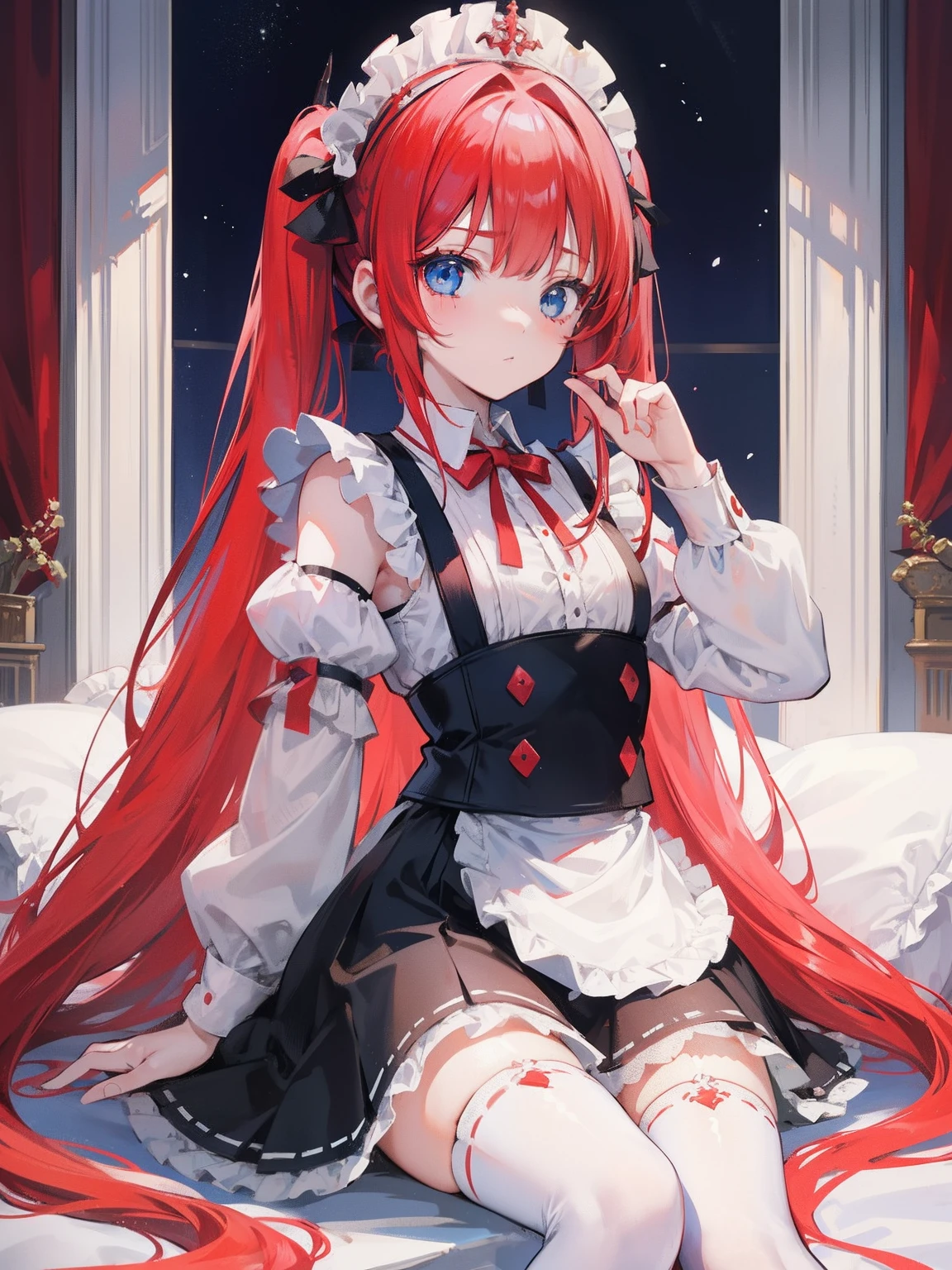 red hair,blue eyes,twintails,maid, long hair, long sleeves, gothic, solo, loli,Short skirt, white stockings,{{best quality}}, {{masterpiece}}, {{ultra-detailed}}, {illustration}, {detailed light}, {an extremely delicate and beautiful},little girl,cute,dragon horns