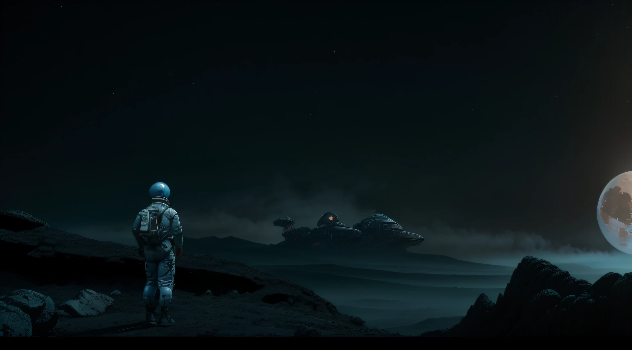 astronaut woman in alien world, eerie background, big scene, science fiction, 8k, UHD