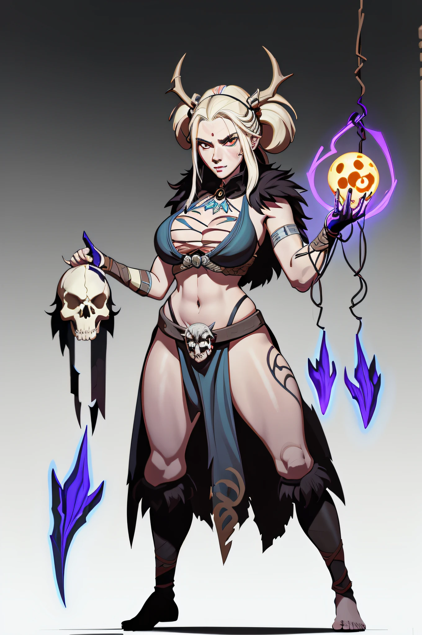 1个Giant Breast Girl、独奏,full bodyesbian,the witcher,Spell casting action,standing on your feet,Glowing magic ball,Skulls float,simple backgound,Magical fantasy design,character concept design,Beautiful face and eyes,tmasterpiece,best qualtiy,Best resolution,high definition detail