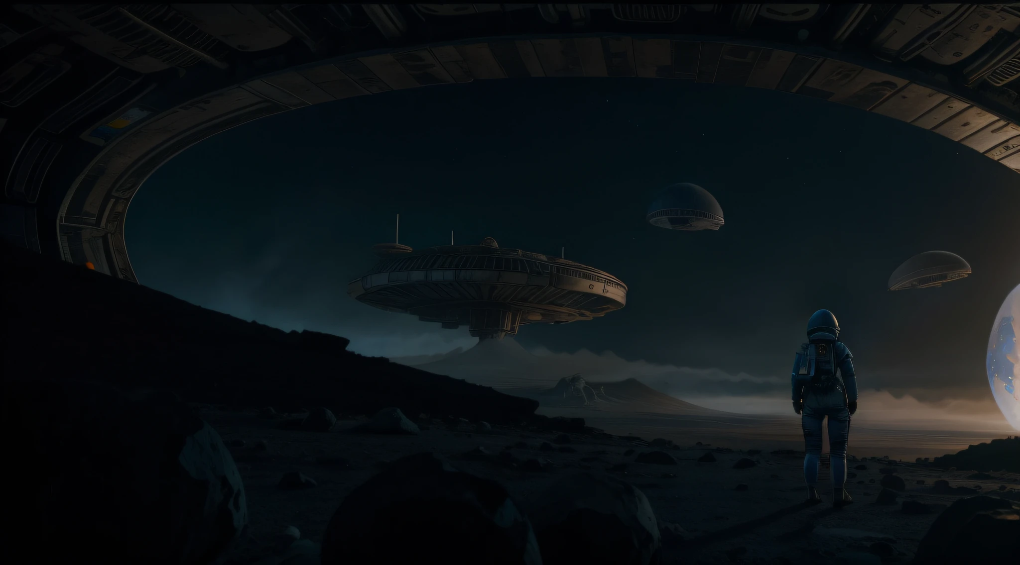 astronaut woman in alien world, eerie background, big scene, science fiction, 8k, UHD
