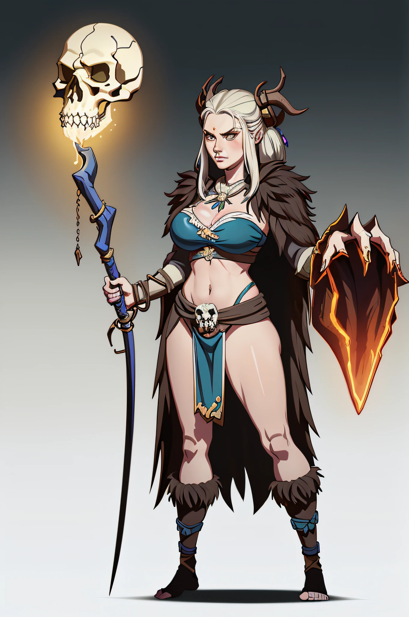 1个Giant Breast Girl、独奏，full bodyesbian，the witcher，Spell casting action，standing on your feet，Glowing magic ball，Skulls float，simple backgound，Magical fantasy design，character concept design，Beautiful face and eyes，tmasterpiece，best qualtiy，Best resolution，high definition detail