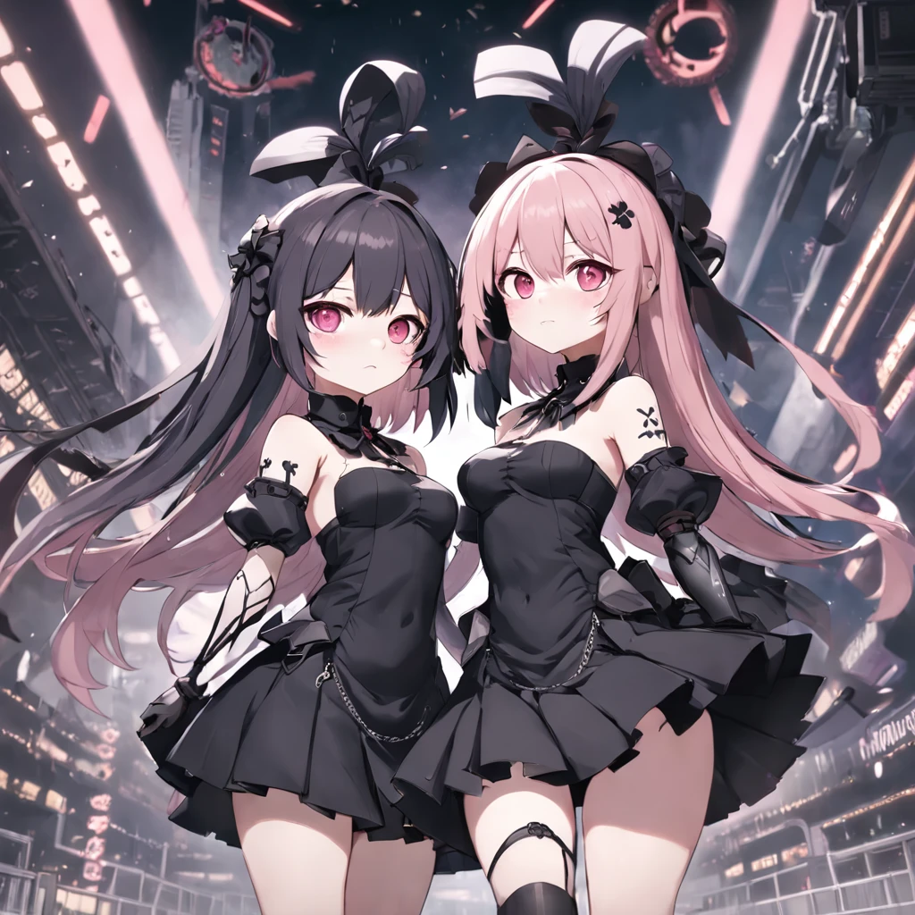 Anime characters with long pink hair and black skirts, from girls frontline, girls frontline style, Fine details. Girl Front, girls frontline universe, Girls Frontline CG, Anime girl wearing black dress, nier:automata inspired, nier : automata inspired, Style anime, 1 7 -  - old me goth girl, shadowverse style, anime visual of a cute girl