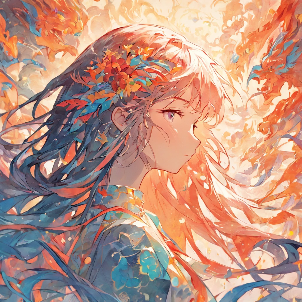 (White background:1.4) Silhouette of girl's head, eyes closed, long colorful hair, incorporating oriental elements, Chinese illustration:1.3 Paper art:1.3 Quilted paper art:1.2 Reasonable design, clear texture, high sharpness, best quality, very detailed, masterpiece-level cinematic lighting effects, 4K resolution