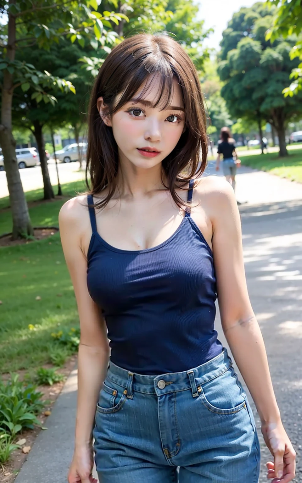 a lot of details, (underweight), 30 years old, detailed black hair, beautiful detailed hair, super fucking beautiful, delicate beautiful face, complex details beautiful and delicate eyes, perfect hands, (flat chest best quality:1.5), perfect and delicate limbs, detailed skin, best quality, ultra-detailed,(cheerful grin:1.3),
grassland, blissful, standing, looking to the right, straight hair, khaki short cargo pants, gray tank top, japanese, with a hill, with a flower, in the afternoon, full body shot, from side, low angle shot, midday