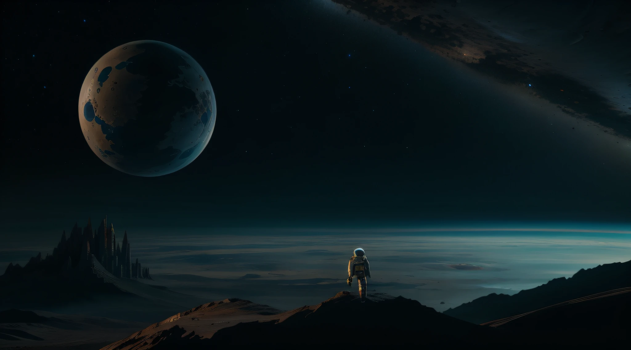 astronaut woman in alien world, space craft parked in distance, eerie background, big scene, science fiction, 8k, UHD