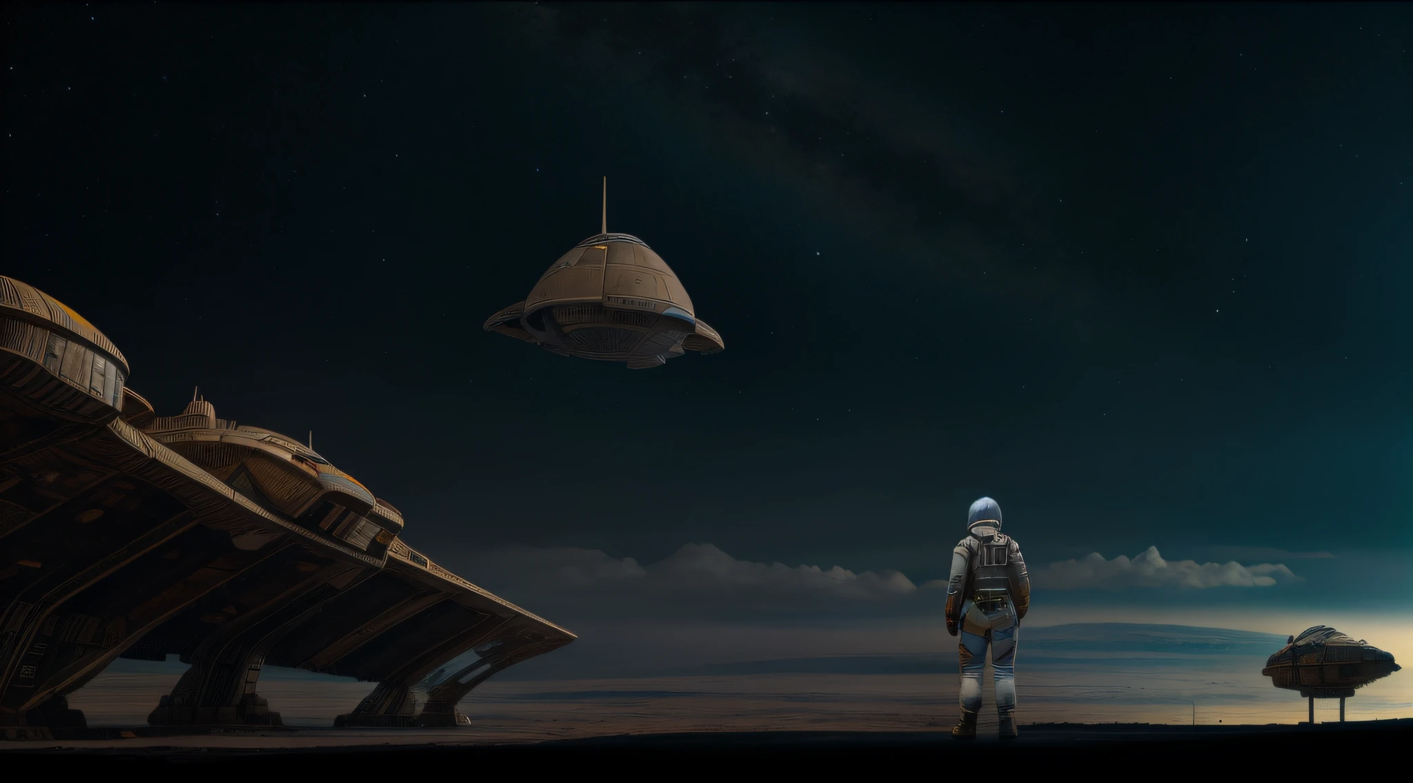 astronaut woman in alien world, space craft parked in distance, eerie background, big scene, science fiction, 8k, UHD