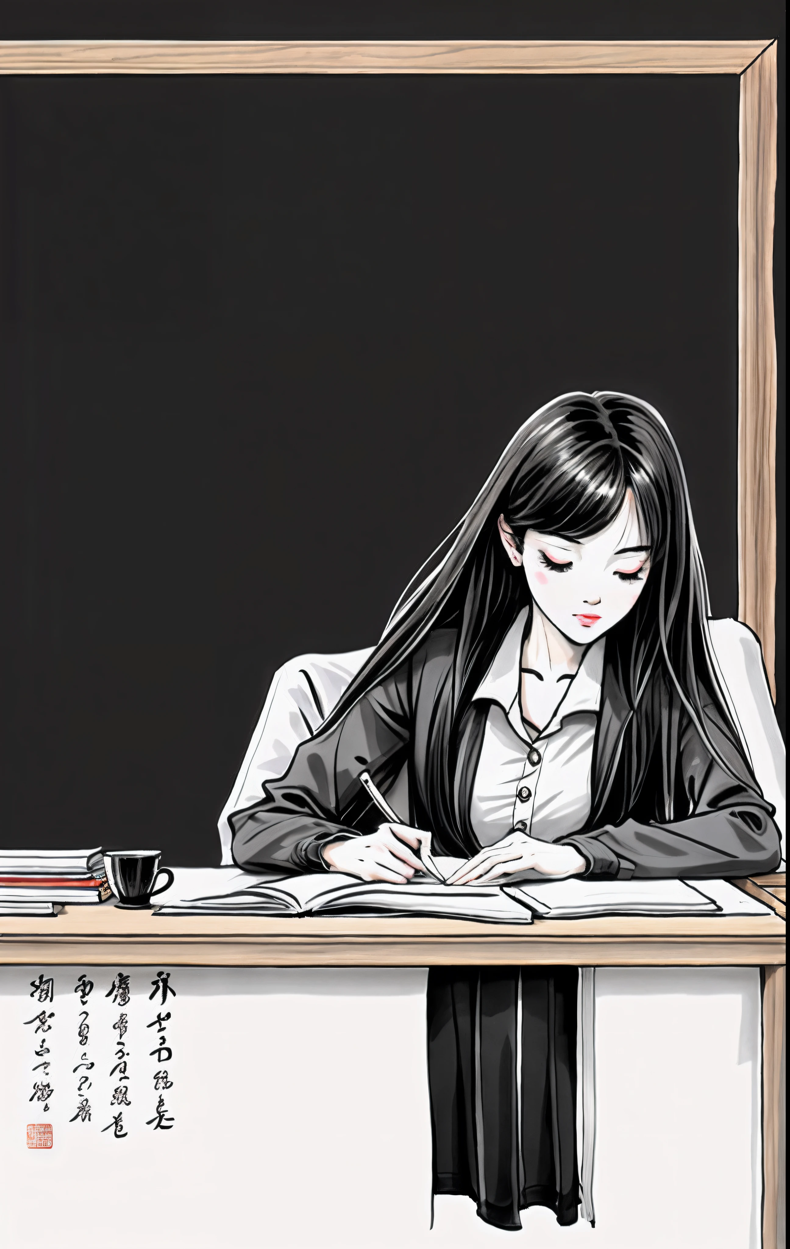Illustration of a woman writing in Chinese characters on a blackboard, Teachers Teachers,  Artistic cover, cover shot, School teacher