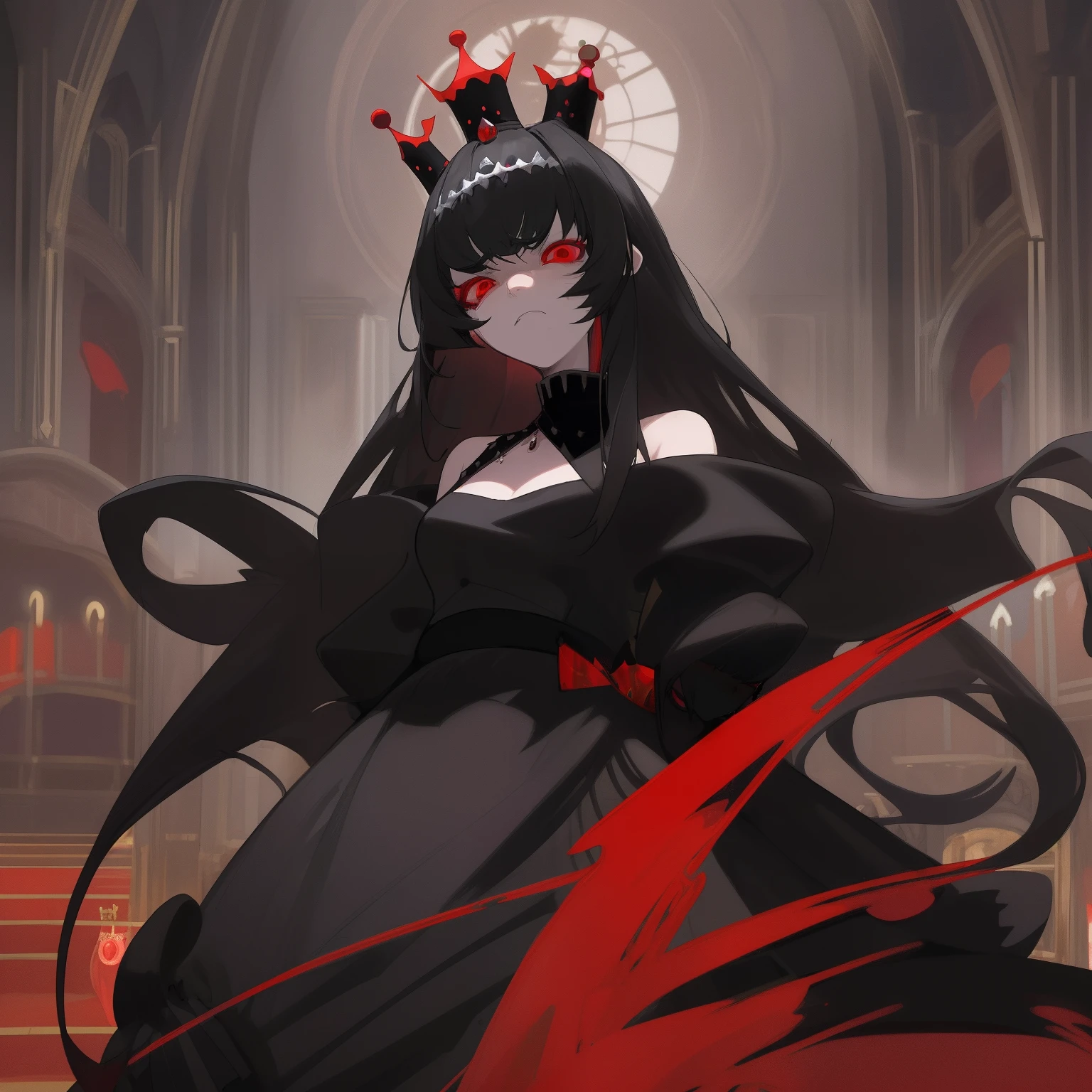 Fenale with red eyes with black fancy dress and black wrap crown. Upset expression. Royal hall background. Black hair. Long hair with bangs.