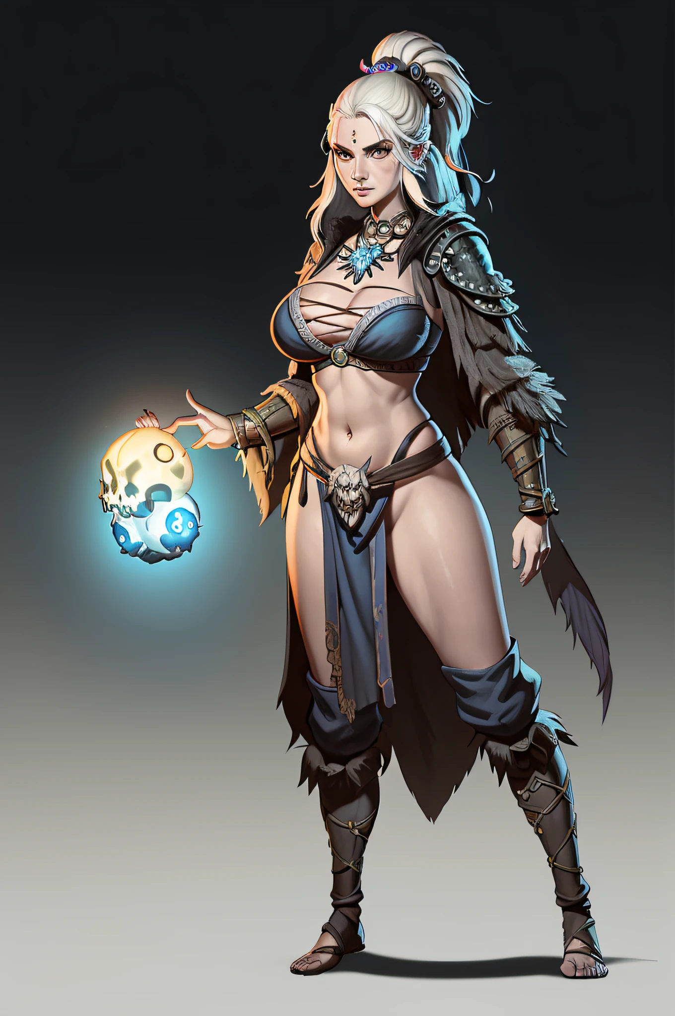 1个Giant Breast Girl、独奏,full bodyesbian,the witcher,Spell casting action,standing on your feet,Glowing magic ball,Skulls float,simple backgound,Magical fantasy design,character concept design,Beautiful face and eyes,tmasterpiece,best qualtiy,Best resolution,high definition detail