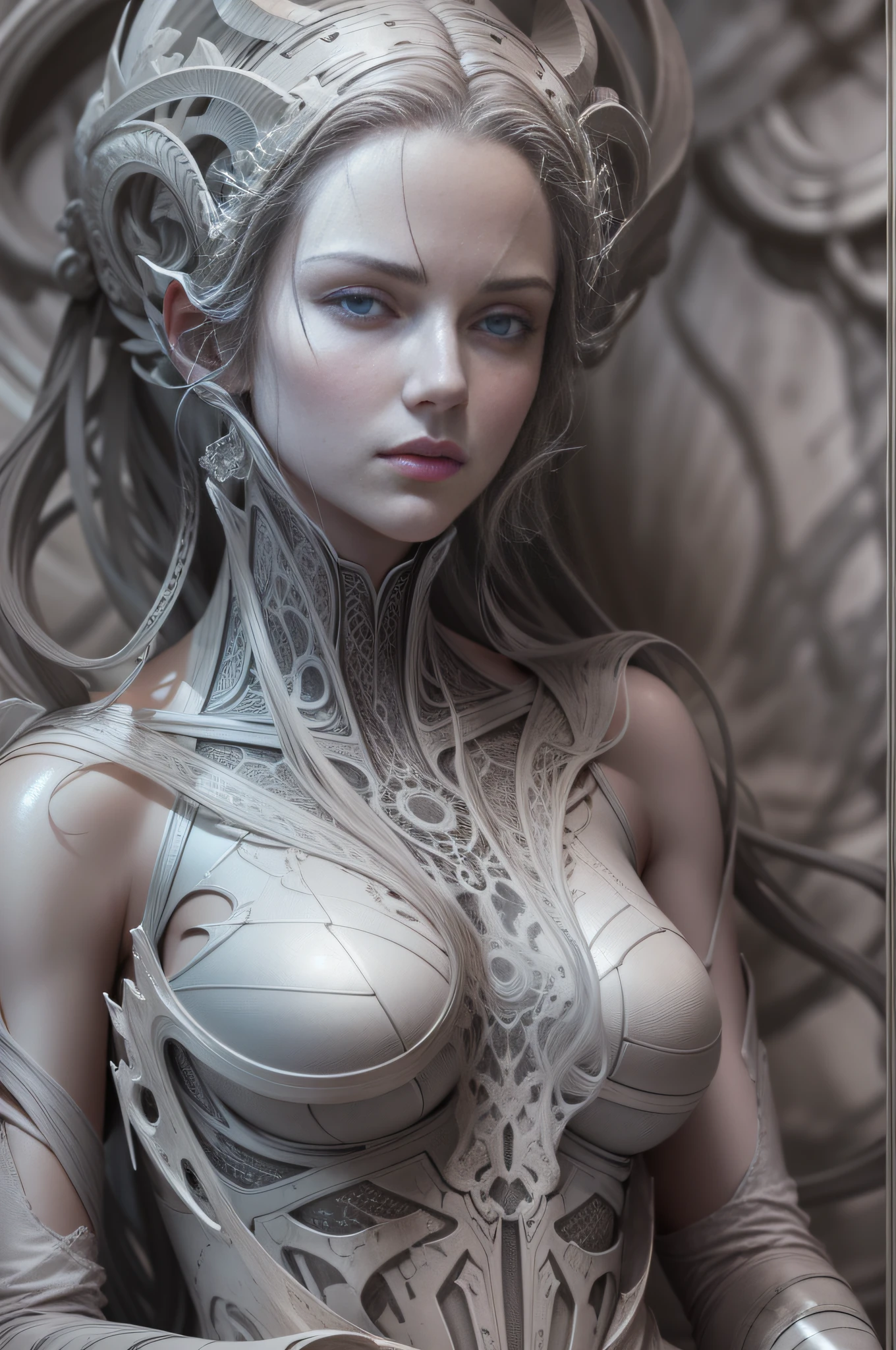 Masterpiece,Gray marble,sculptor, Escultura, Cracked marble:0.4,1 woman ,Marble statue of,action figure, Giger, full bodyesbian,Marble cut countertop,back Lighting, Realistic portrait, Symmetrical, Strong, intricate drawing, Highly detailed , Digital painting, Art Station, concept-art, Fluid, Sharp focus, Light gray skin, pale colored eyes.