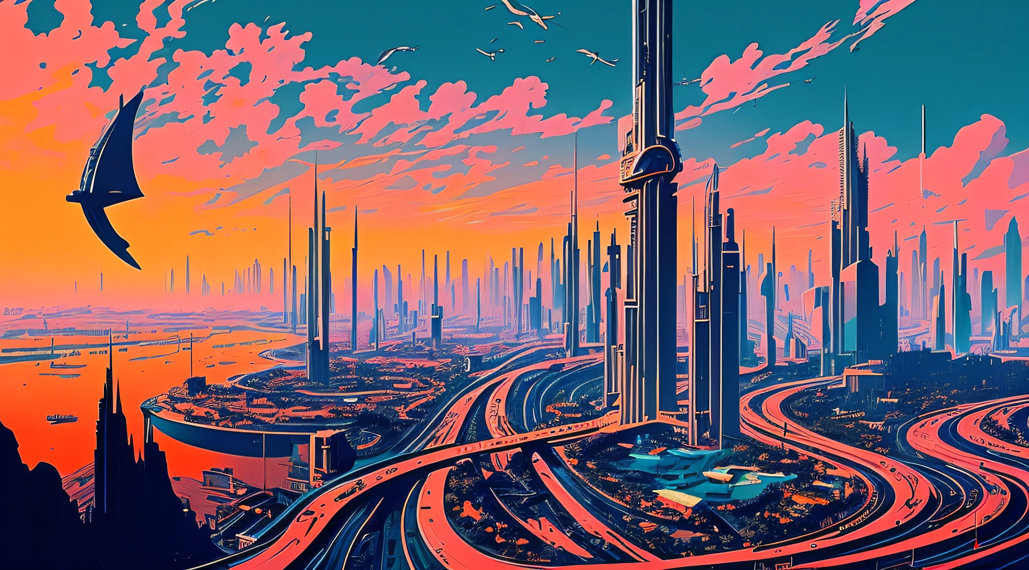 By Syd Mead, high quality, high resolution, masterpiece, retrofuturistic city skyline, HD,