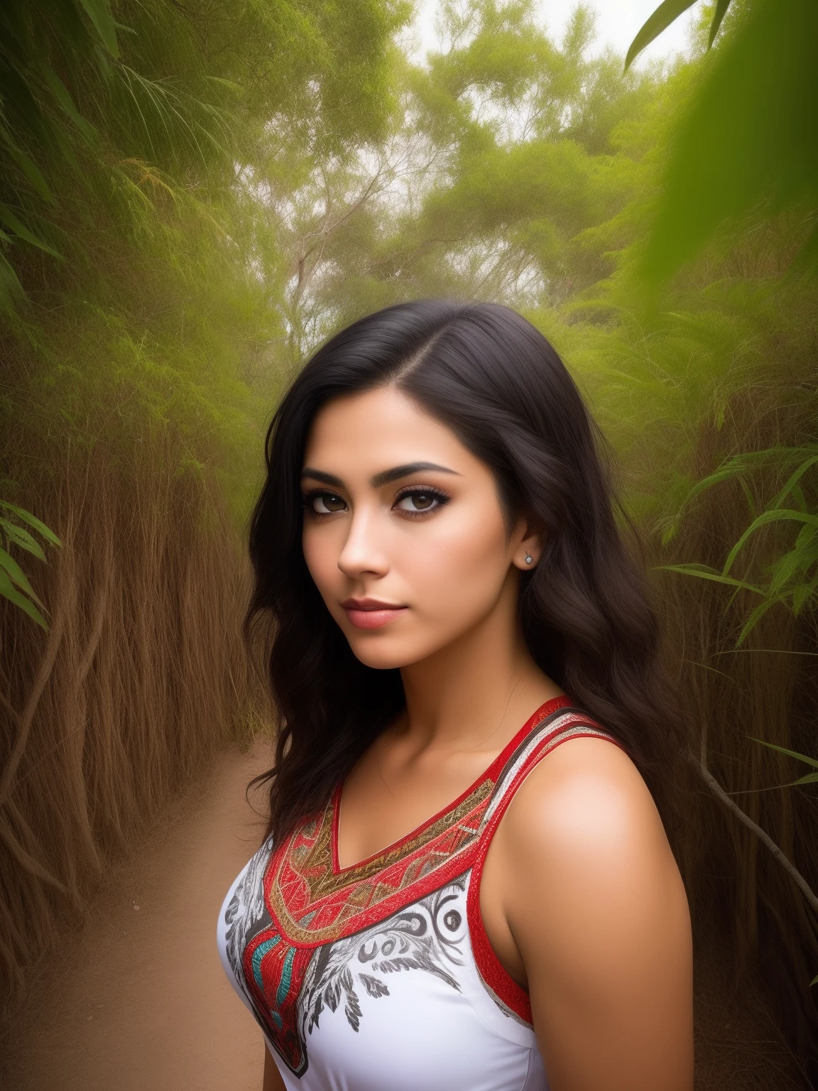 ((realista: 1.5)),((La mejor calidad)), ((Obra maestra)),((Detallado)), (1 Mexican girl), {una hermosa mujer azteca vestida, (Parte superior del cuerpo: 1.3) , { completamente vestido con el traje tradicional azteca, super-wide-angle lens, brown eyes, Enfoque facial, maduro, sexy, toned muscles, piernas largas, curva, descalzo, traje azteca completo, muslos gruesos, caderas anchas, piernas delgadas, ojos cabello oscuro, Cabello largo y negro, cabello suelto, (Cara detallada, Hermosos ojos, alumnos detallados, Detailed characteristics of Aztec clothing, fondo claro: 1.3), misteriosa ruina azteca antigua, frondosos bosques, Deep canyons, puente, Kali, Acantilado, nube , lagos, roca, Cascadas, flores, Hierba, diente, enredadera, tree, humo, Mejor sombra, Detalles brillantes, Claro, perfect composition, intrincado, sharpen focus, dramatic, (specular lighting: 1.3), Luz de borde, Paisaje Azteca , completamente vestido,