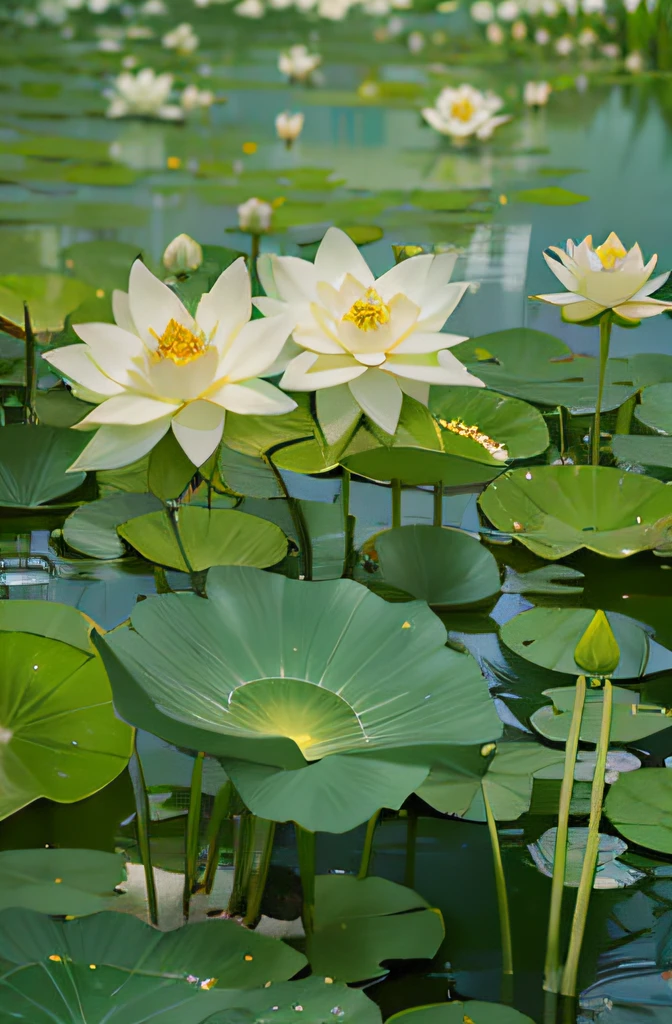 The leafy fields are filled with many tall white lotus flowers, lotus flowers on the water, lotuses, lotuses, lotus flowers on the water, Lotus, lotus flower, Lotus pond, with lotus flowers, lotus petals, golden colored，green color，vein，Glass texture、Light，Spectral light， Gradient translucent glass melt, Caustics, cleanness