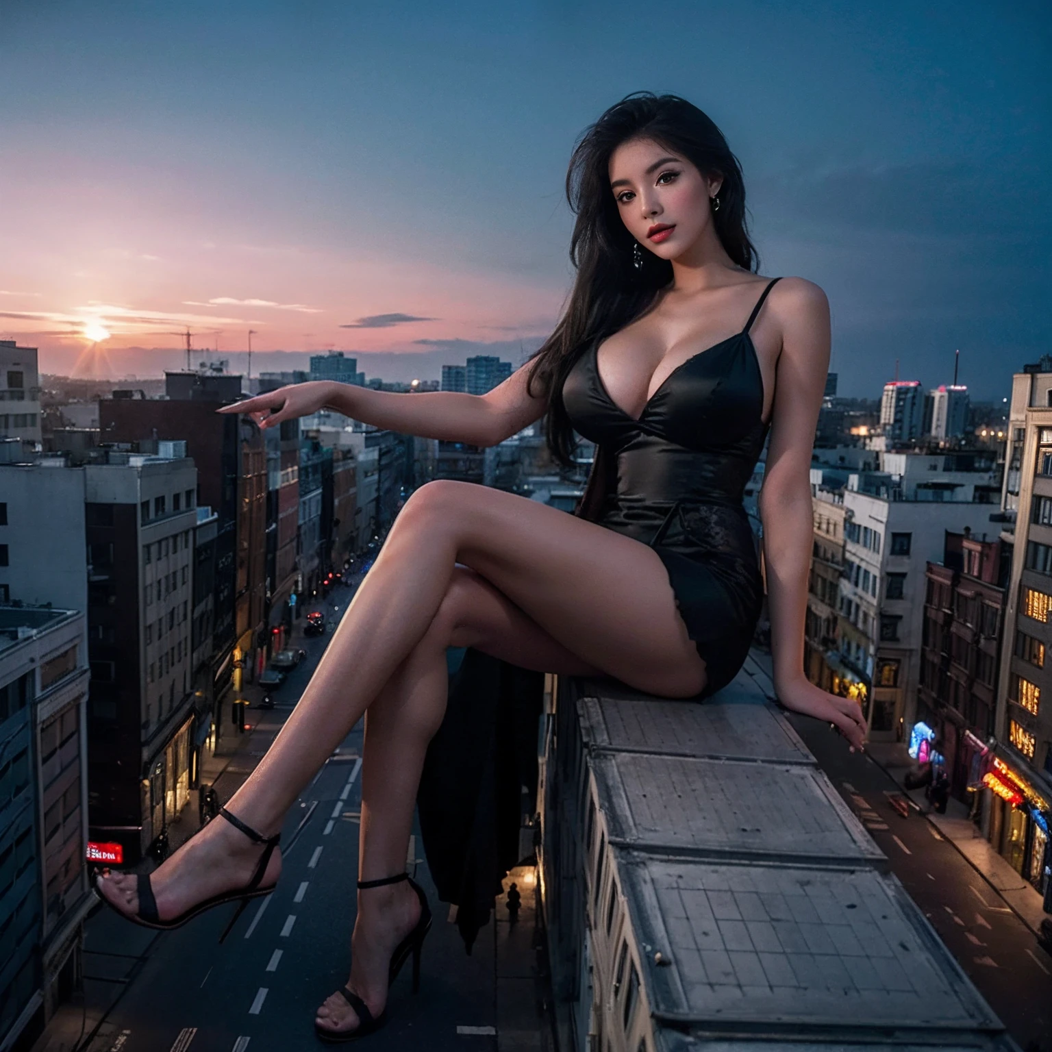 minigiantess,Full body photo,Sitting in the crowd,evening dress ,big star,stiletto,10 meters tall,Big breasts,(Long legs:1.2),Extremely tall girl,Beautiful looks,Delicatemakeup,Perfect lighting,Cinematic quality,8K,High quality,(GTS:1.5),Aerial view,buildingseat