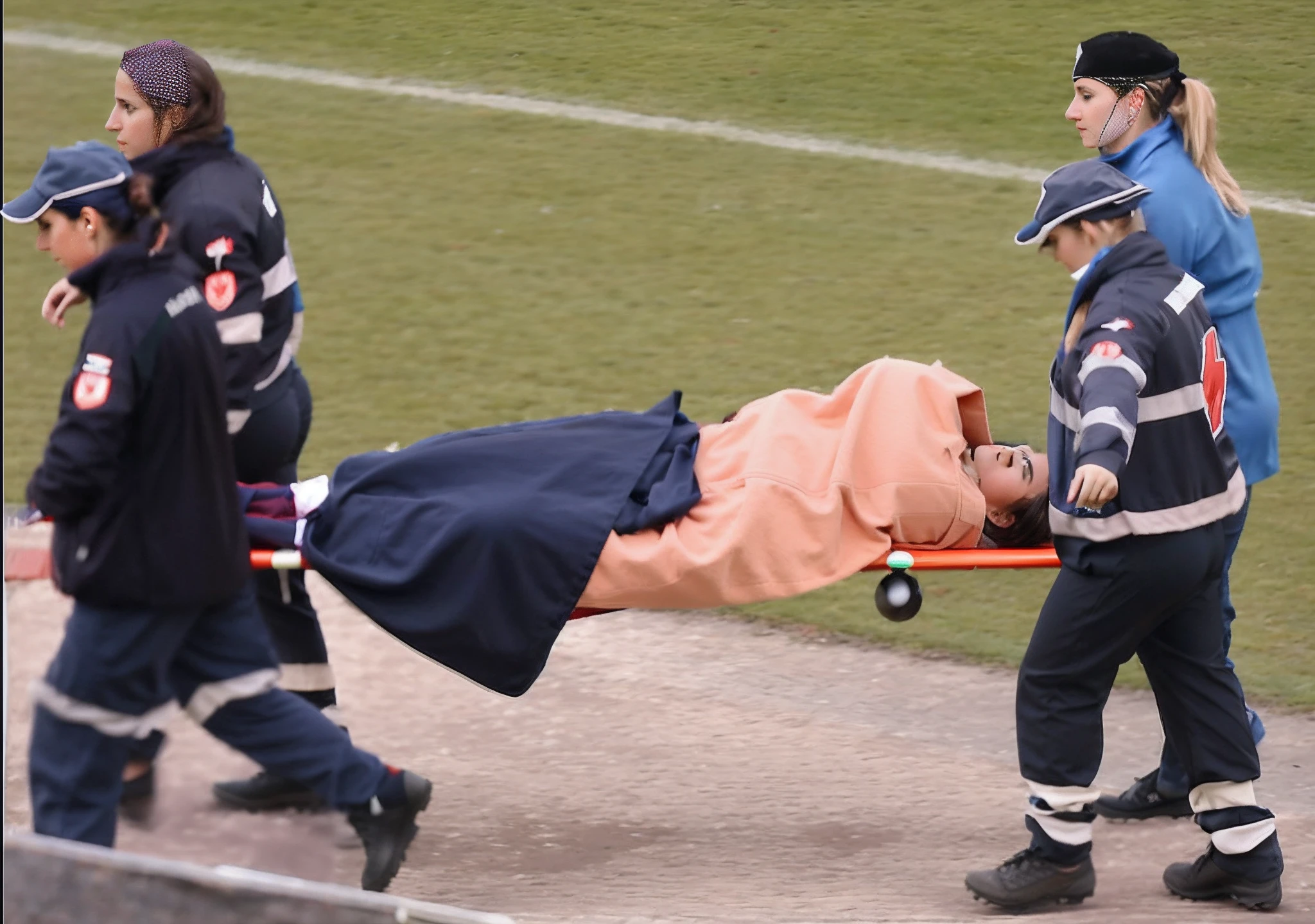 in the italian town of melfi there is a soccer match, four young female nurses are carrying a stretchwer with an injured soccer playwer lying on it from the right to the left