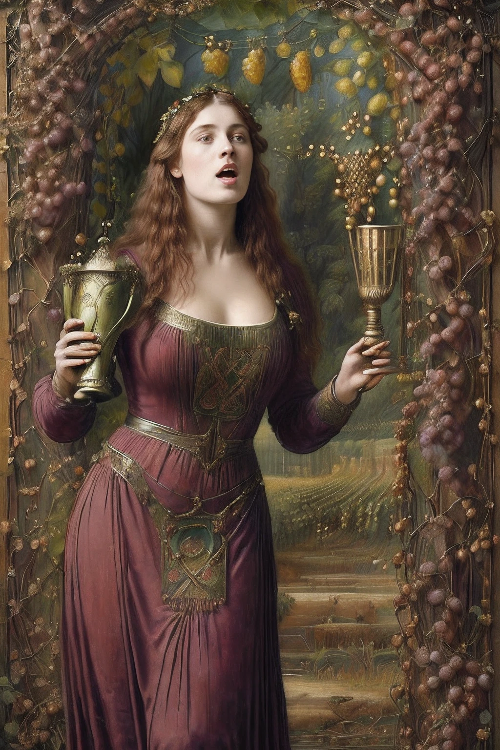 (((Paintings by the Pre-Raphaelites，The painting is of a singing man，Holding the bronze chalice under vines filled with grapes, Celtic costumes, with her mouth open, Singing, Neck raised, Celtic landscape, Hills)))