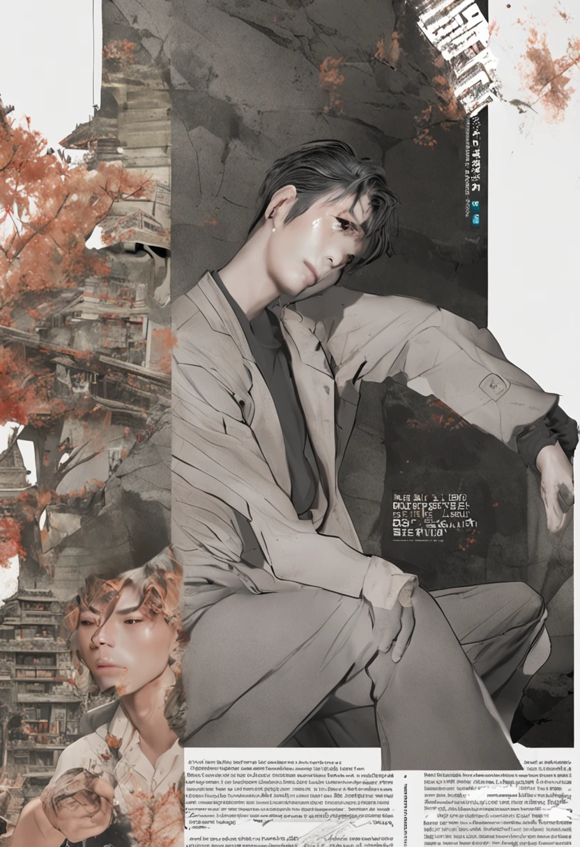 The Arafeld man sat in a pile of newspapers，Place your hands on your face, Cai Xukun, Inspired by Zhang Han, timothee chalamet, Male ulzzang, by Ni Yuanlu, Beautiful androgynous prince, author：Nil Gleyen, fear of god style, inspired by Huang Gongwang, newspaper style, Delicate androgynous prince，real rendering