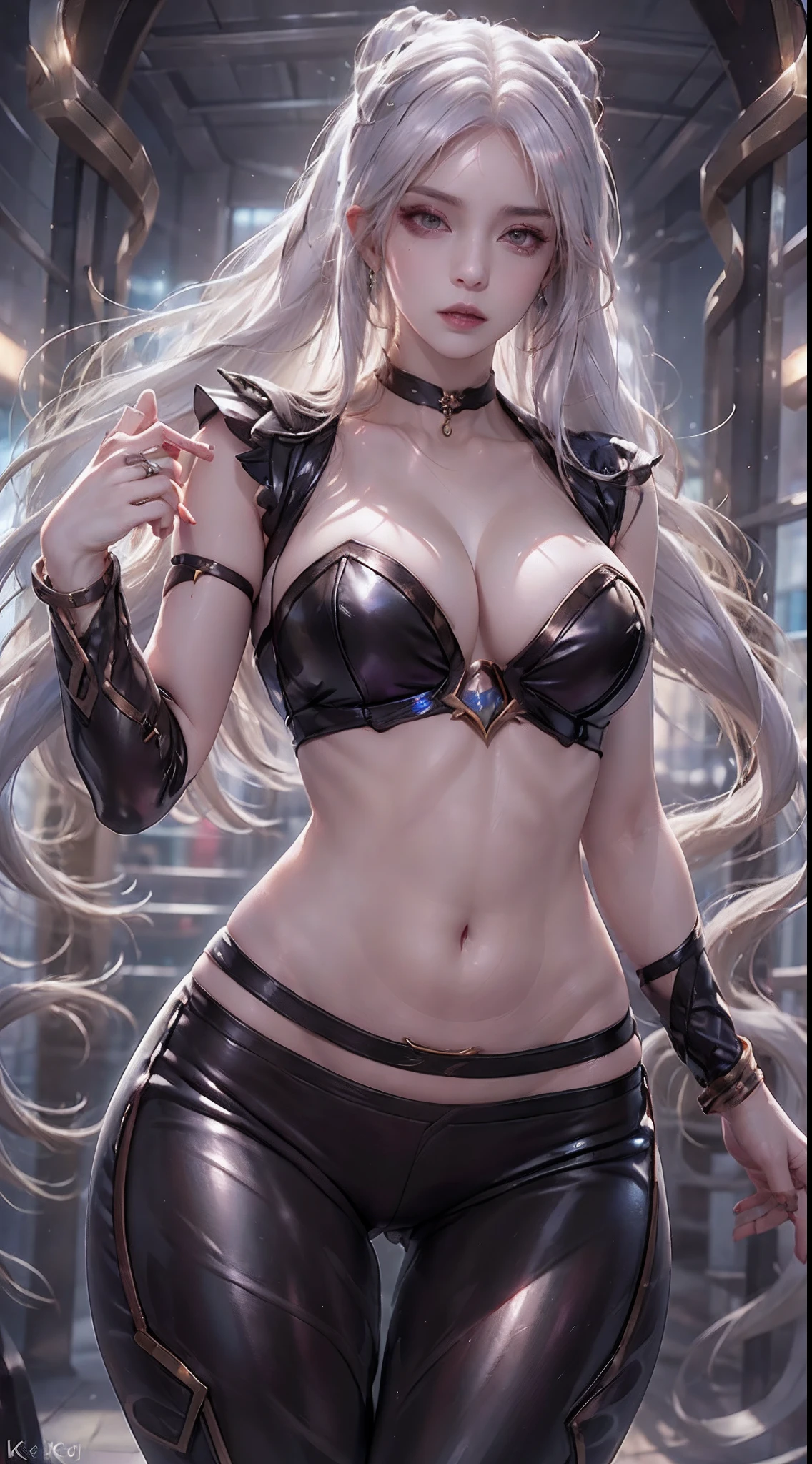 Photorealistic, high resolution, 1 woman, Hips up, Beautiful eyes, White hair, Long hair, tattoo, jewelry, ringed eyes, k/da_kai'sa