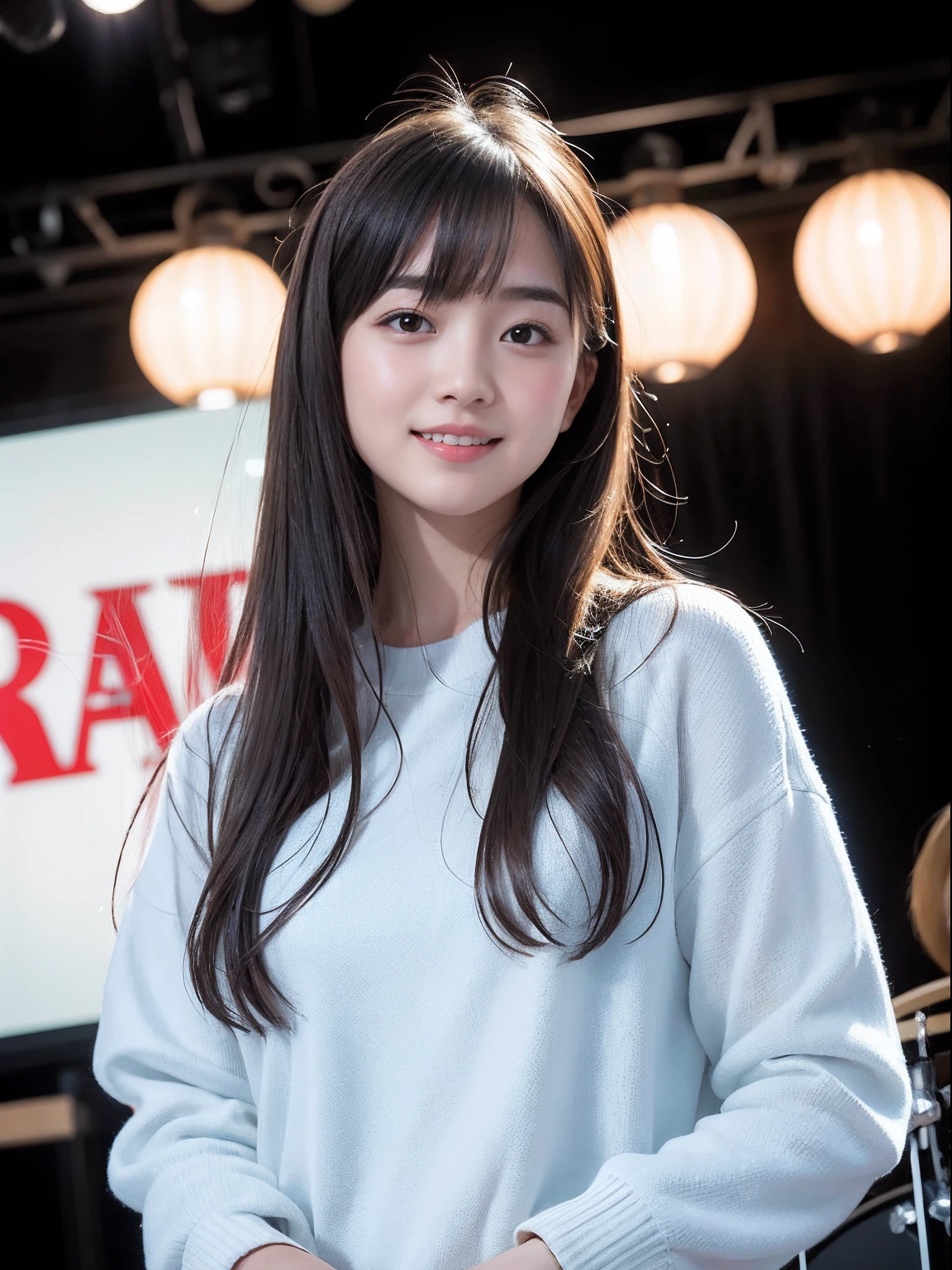 (Raw photography:1.2)、the texture of the skin is pale、top-quality、a beautiful detailed girl、A smile、extremely detailed eye and face、Saggy eyebrows、beatiful detailed eyes、huge filesize、hight resolution、hight resolution、8k wallpaper、finely detail、ighly detailed、Light on the Face、电影灯光、16-year-old girl、(photorealisim:1.4)、surrealism、 frombelow、super detailing、masterpiece、absurderes、Nogizaka48、Indoor Stage Show、no-makeup、Tanuki face