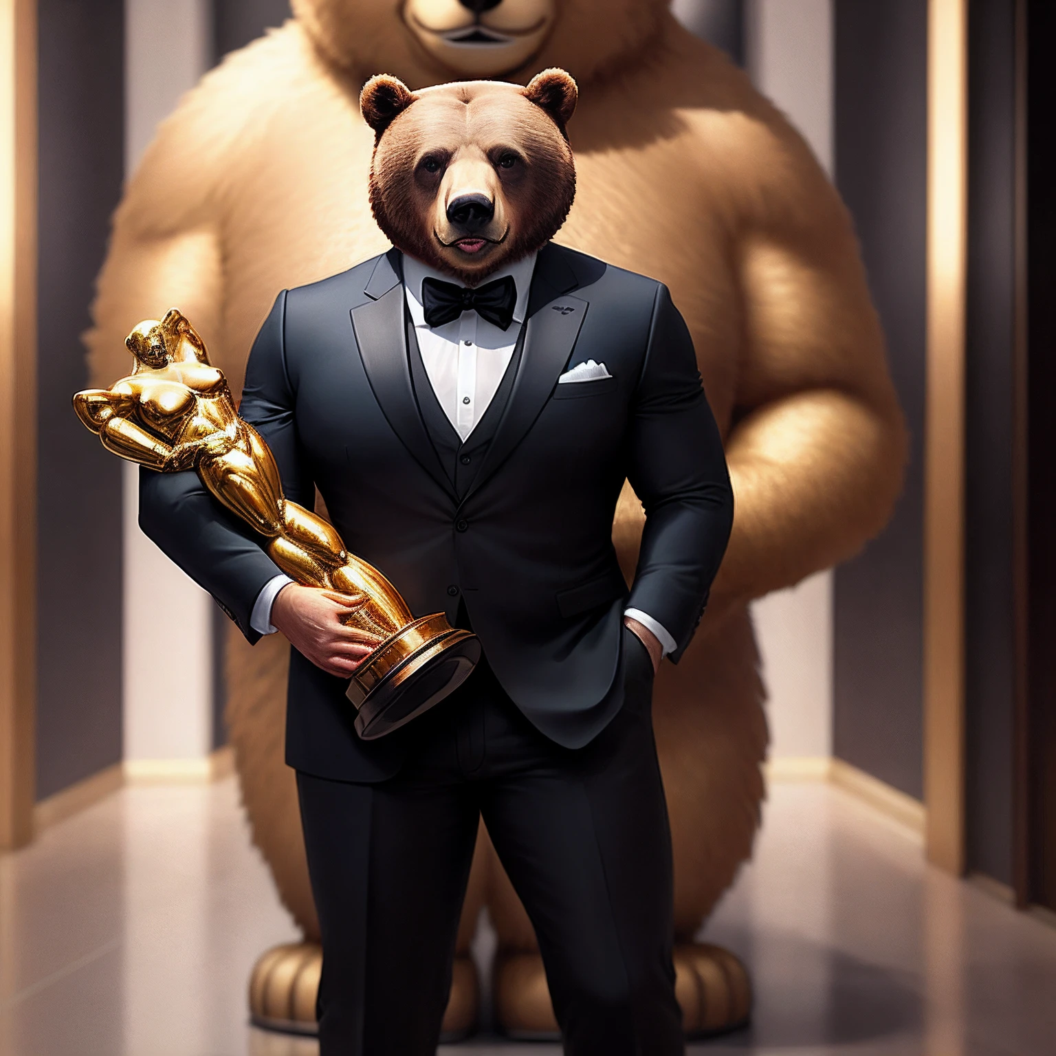 A bear in suits with an oscar award on hand