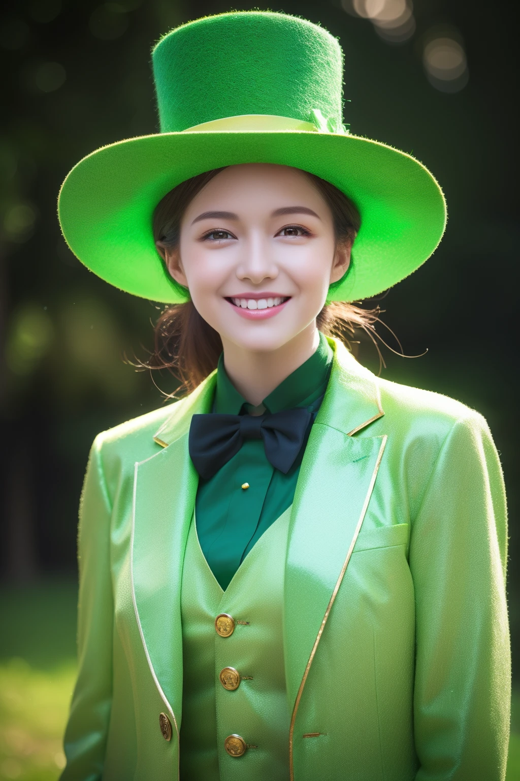Best quality, masterpiece, ultra high res, (photorealistic:1.4), raw photo, 1girl, glowing skin, light smile,leprechaun costume,green suit,top hat,St. Patrick's Day celebration,
