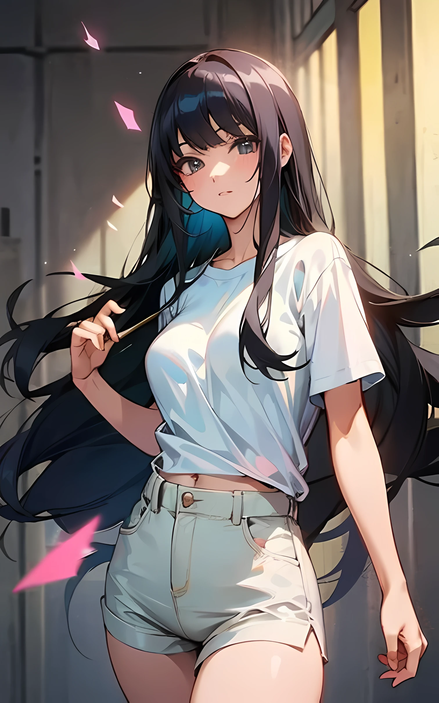 1girl, black hair, long hair, white tshirt, hot pants