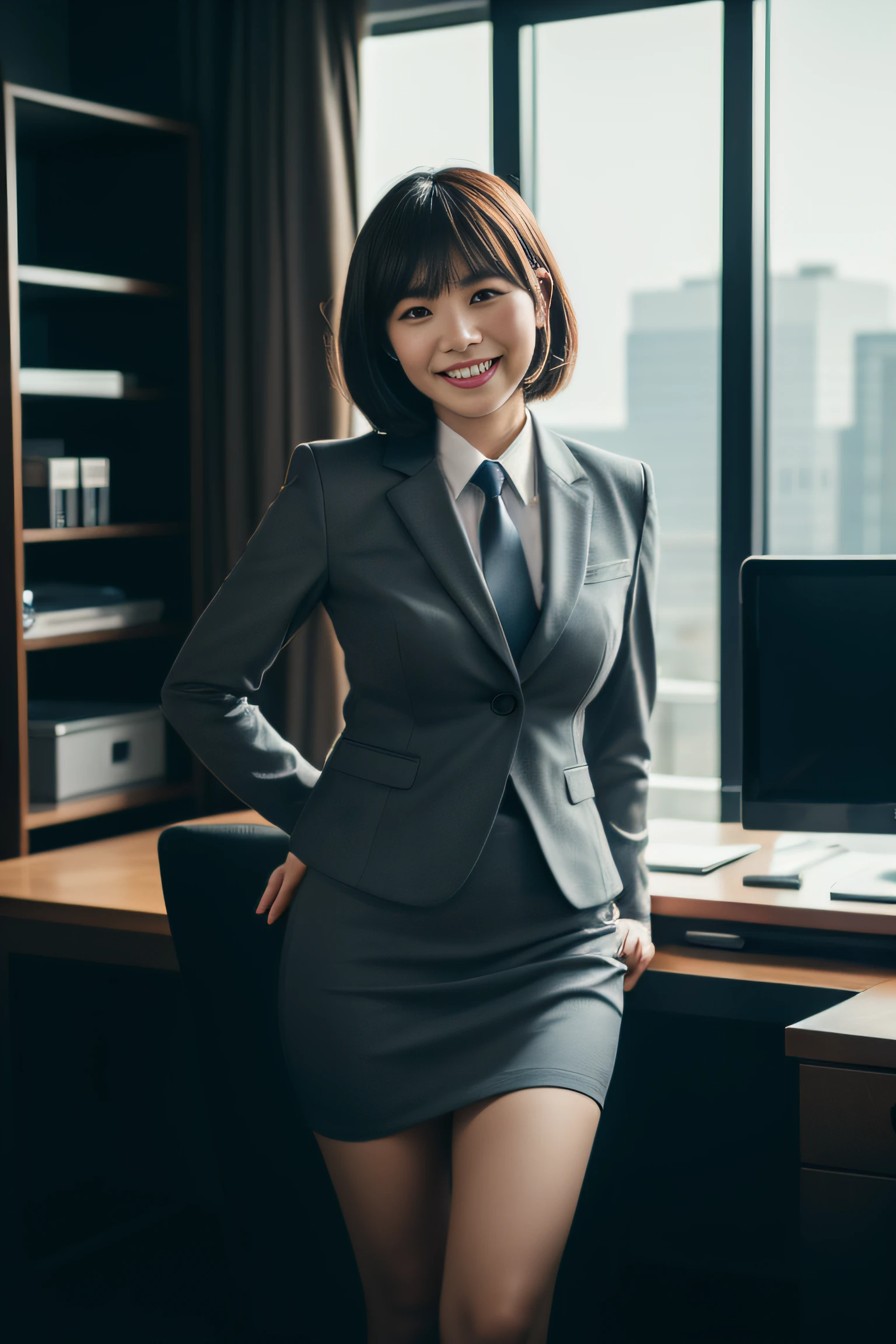 1 woman, business skirt suit, bangs, smiling, using computer, in office, cinematic lighting, (8k, masterpiece, best quality, raw photo)