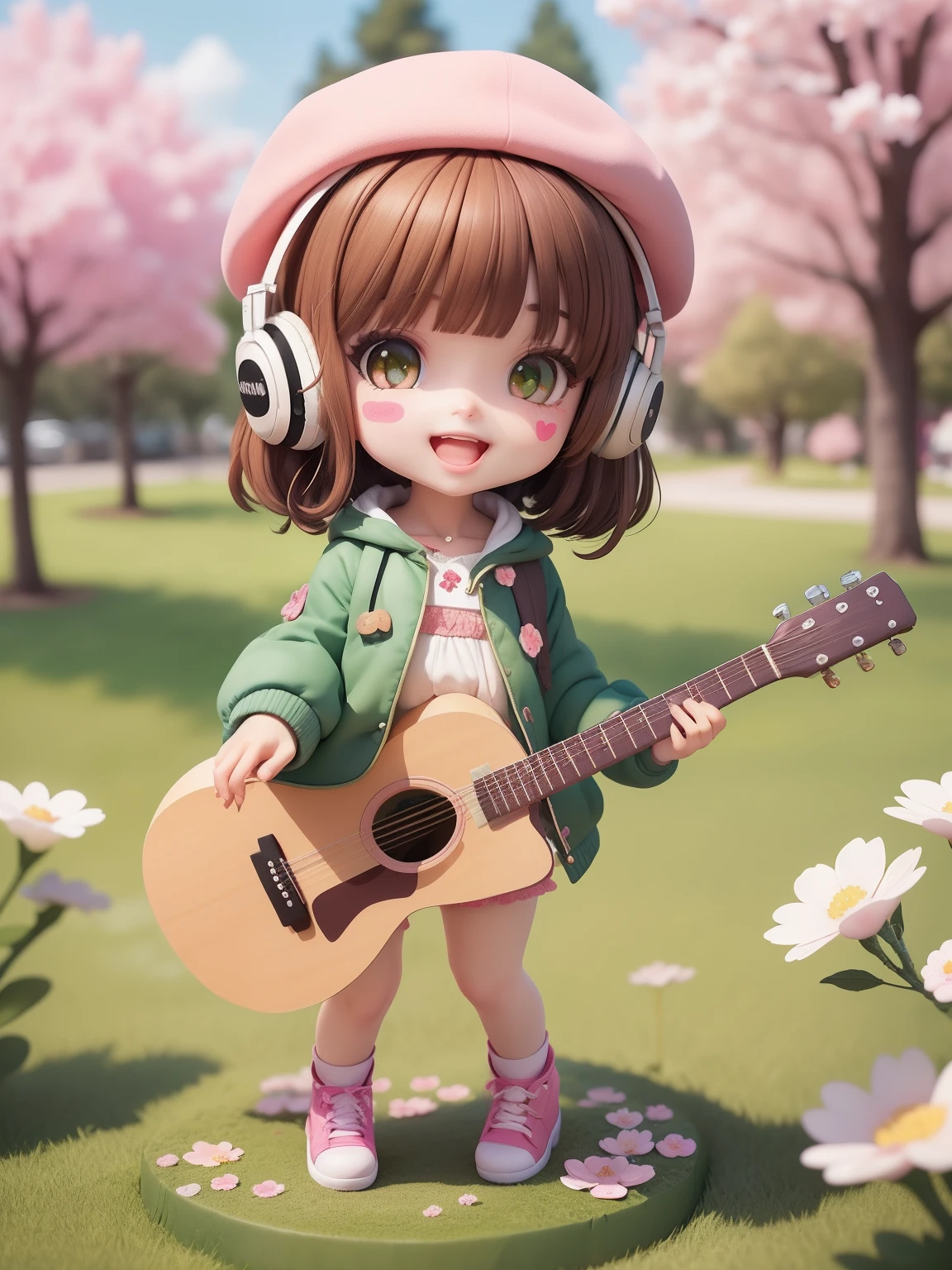(masterpiece),(best quality),(ultra-detailed), (full body:1.2),
1girl,chibi,cute, smile, open mouth,
flower, outdoors, playing guitar, music, beret, holding guitar, jacket, blush, tree, :3, shirt, short hair, cherry blossoms, green headwear, blurry, brown hair, blush stickers, long sleeves, bangs, headphones, black hair, pink flower,
(beautiful detailed face), (beautiful detailed eyes),
