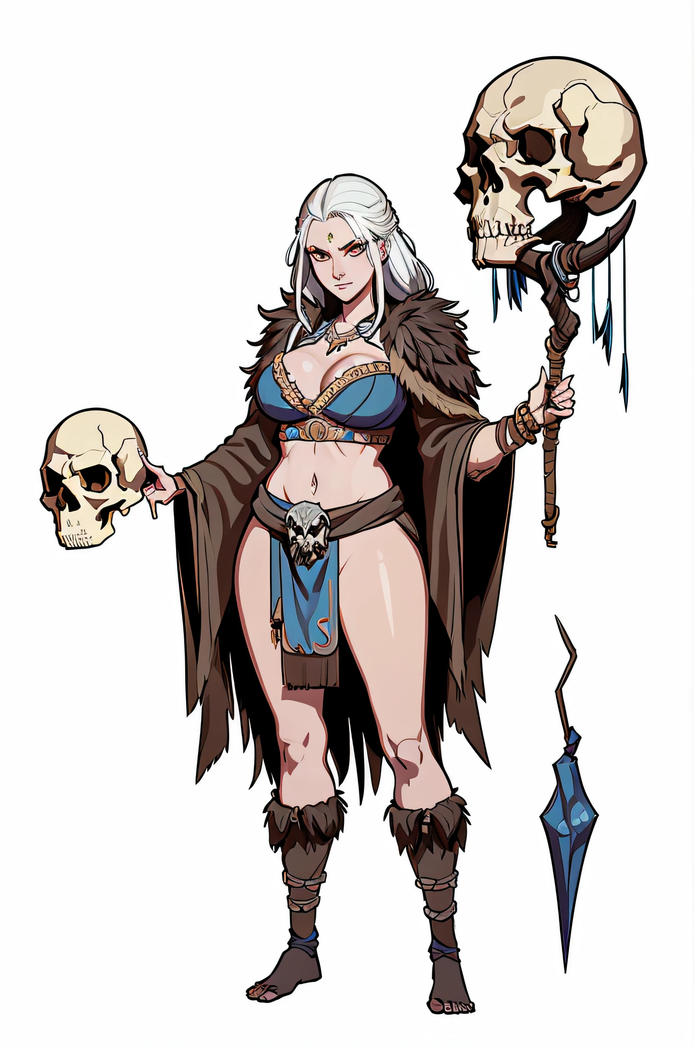 1个Giant Breast Girl、独奏，full bodyesbian，the witcher，Spell casting action，standing on your feet，Glowing magic ball，Skulls float，simple backgound，Magical fantasy design，character concept design，Beautiful face and eyes