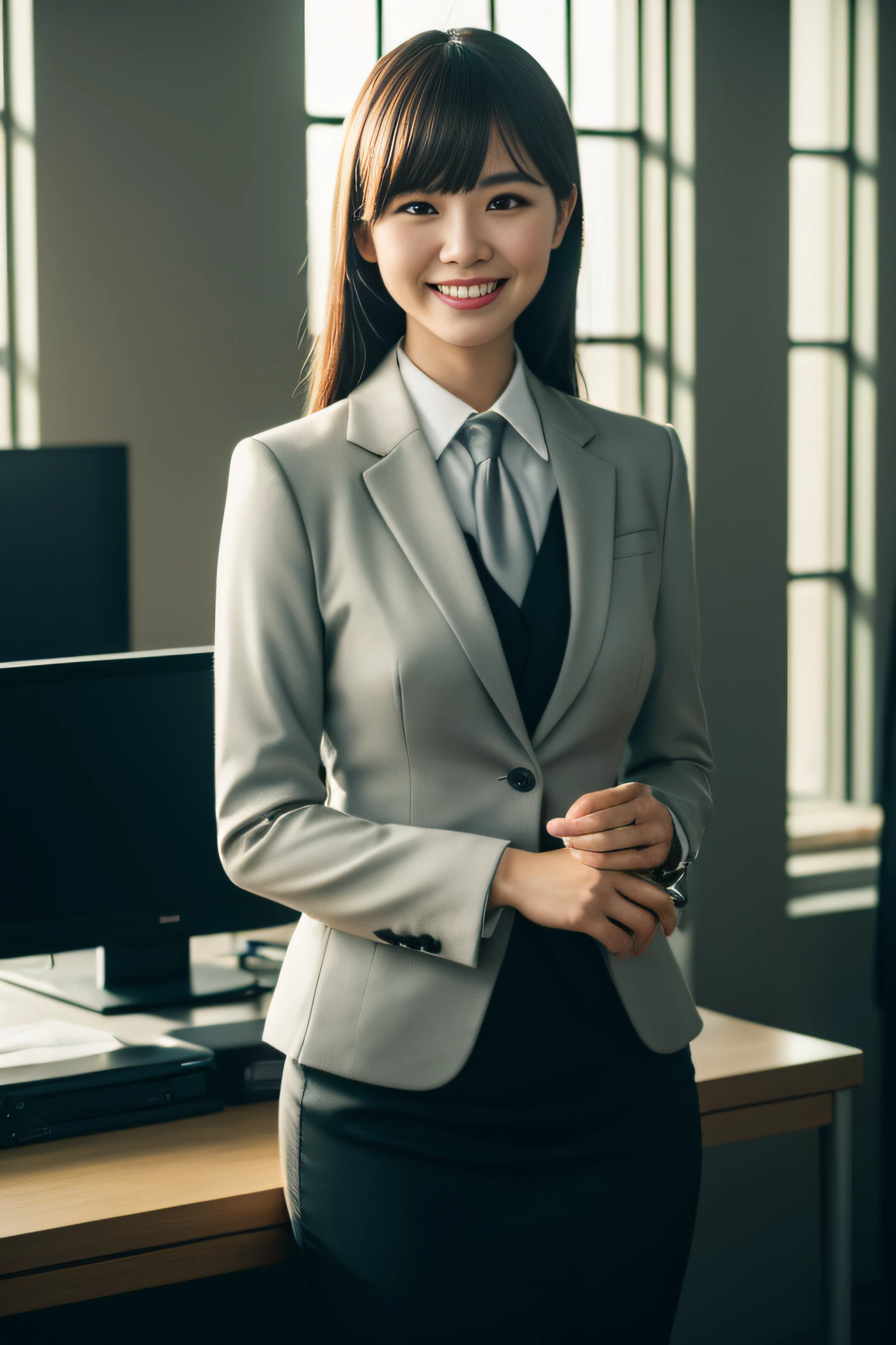 1 woman, business skirt suit, bangs, smiling, using computer, in office, cinematic lighting, (8k, masterpiece, best quality, raw photo)