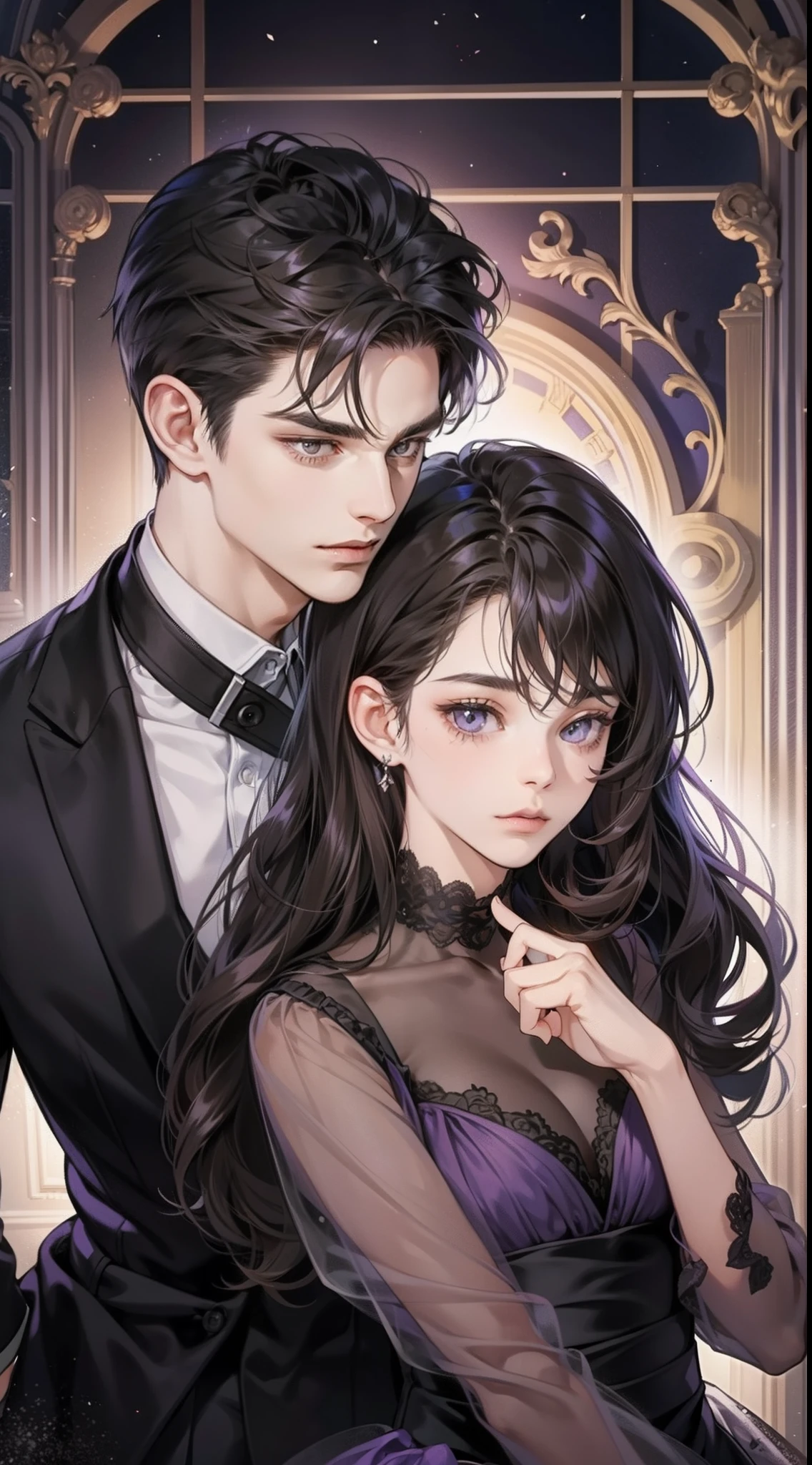 Couple, 1 girl 1 boy, different hair color, long black hair and brown eyes, short brown hair and grey eyes, romance, black suite, purple dress, UK, luxury room background, face to face, romantic