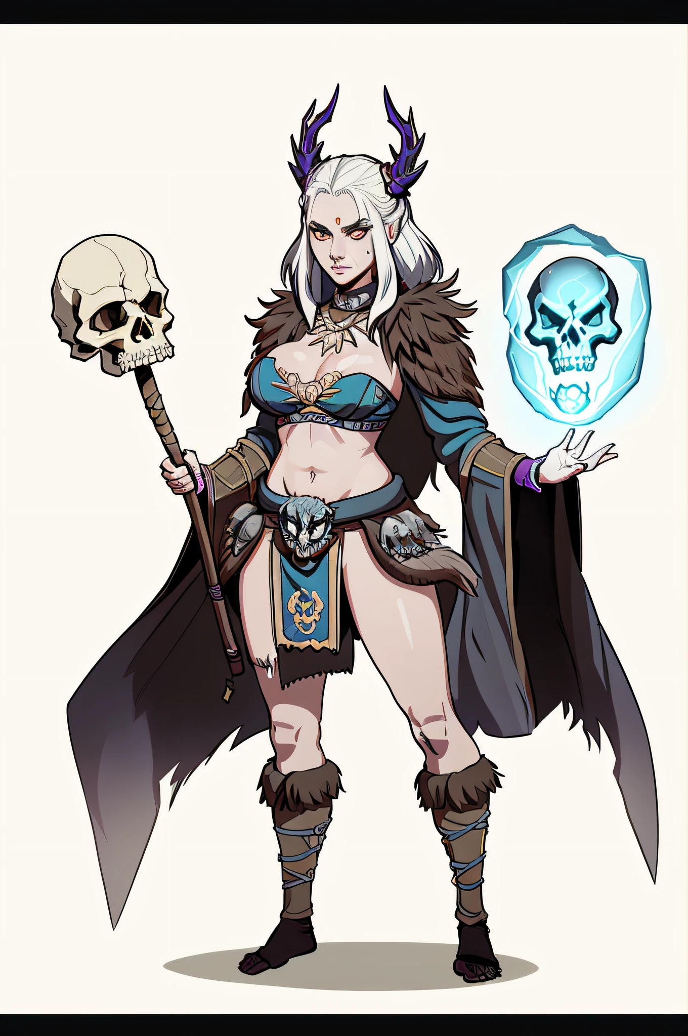 1个Giant Breast Girl、独奏，full bodyesbian，the witcher，Spell casting action，standing on your feet，Glowing magic ball，Skulls float，simple backgound，Magical fantasy design，character concept design，Beautiful face and eyes