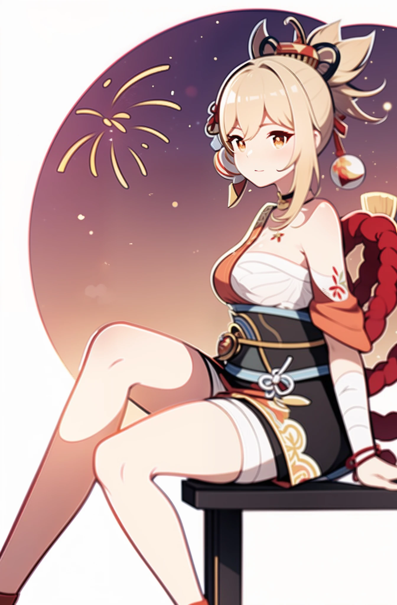 fireworks pattern white, background,yoimiya from genshin impact, casual outfit, facing sideway, sitting, circle in the middle,