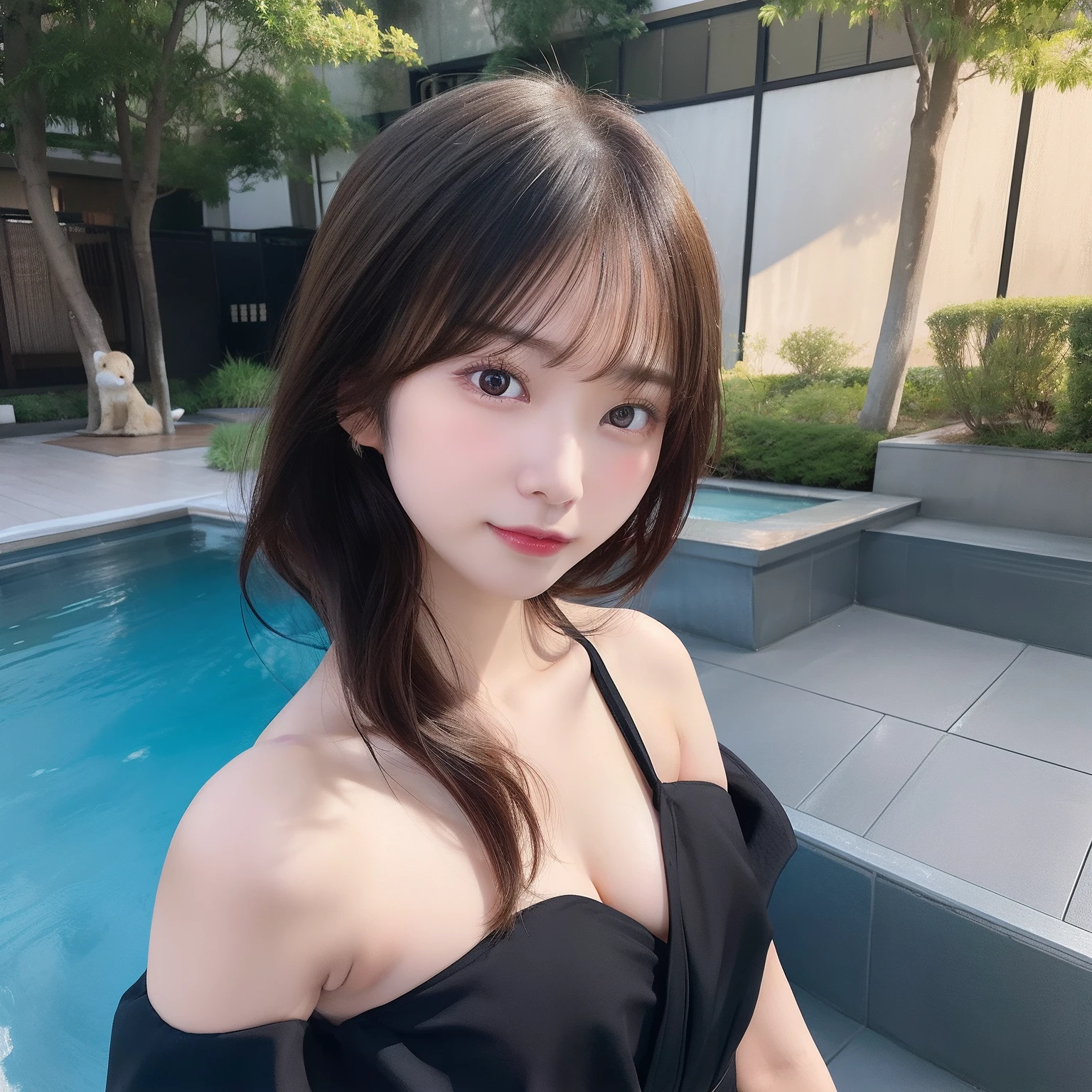 Highest quality, masterpiece, Ultra-high resolution (Realistic: 1.4), RAW Photos, 1 Girl, Blue open neckline dress, Bare shoulders, Beautiful night view of the city, Glowing Skin, smile,Large Breasts,