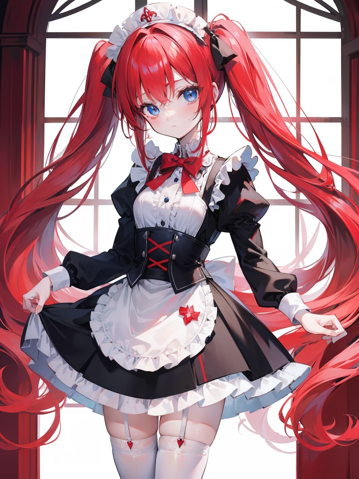 red hair,blue eyes,twintails,maid, long hair, long sleeves, gothic, solo, loli,Short skirt, white stockings,{{best quality}}, {{masterpiece}}, {{ultra-detailed}}, {illustration}, {detailed light}, {an extremely delicate and beautiful}, girl,cute,
