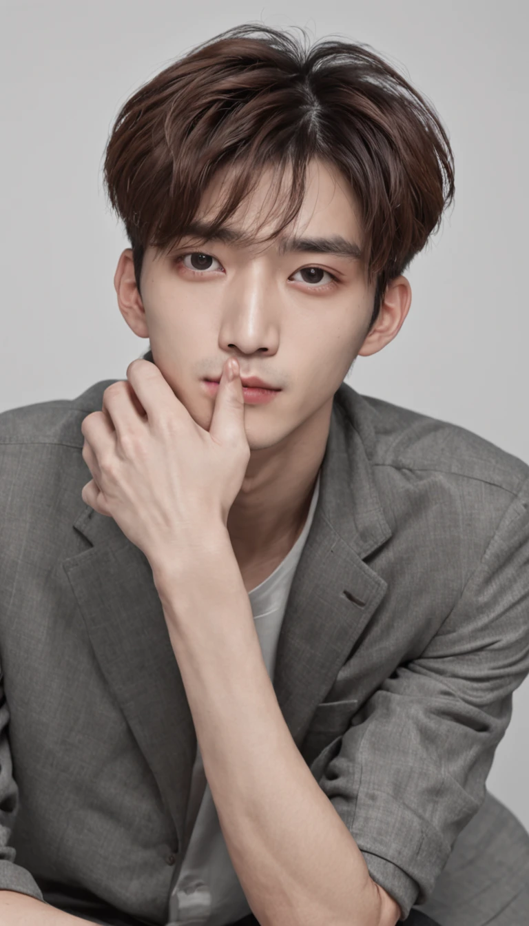 The Arafeld man sat in a pile of newspapers,Place your hands on your face, Cai Xukun, Inspired by Zhang Han, timothee chalamet, Male ulzzang, by Ni Yuanlu, Beautiful androgynous prince, author:Nil Gleyen, fear of god style, inspired by Huang Gongwang, newspaper style, Delicate androgynous prince