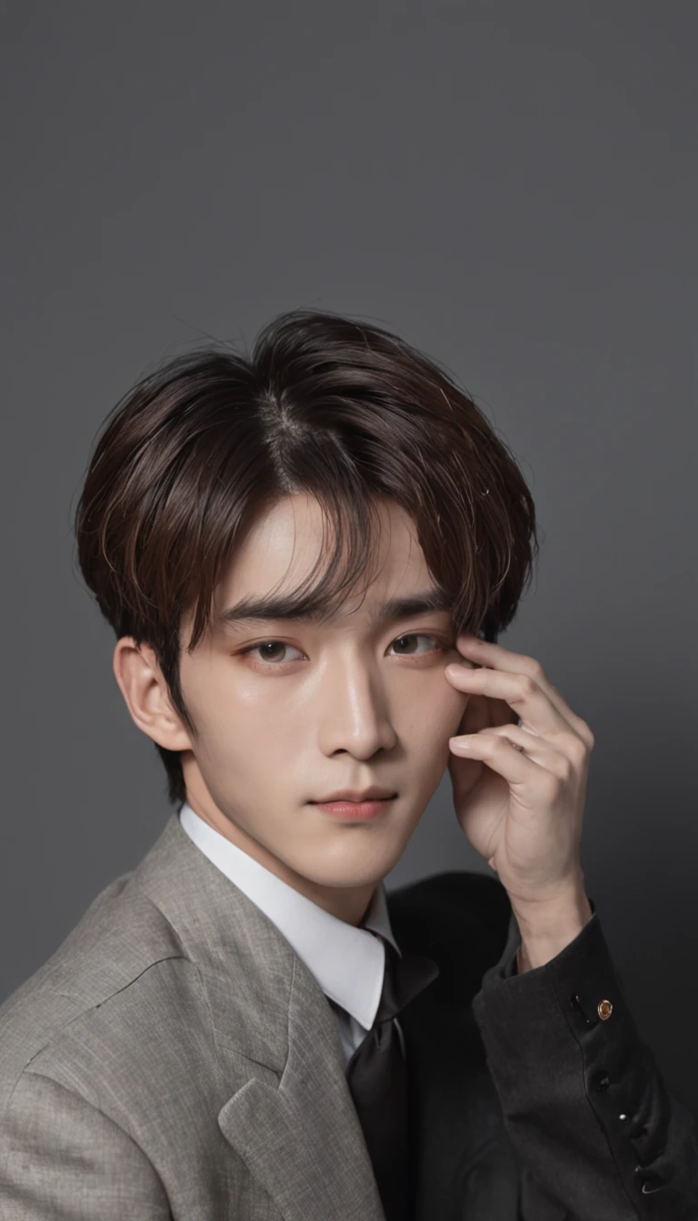 The Arafeld man sat in a pile of newspapers，Place your hands on your face, Cai Xukun, Inspired by Zhang Han, timothee chalamet, Male ulzzang, by Ni Yuanlu, Beautiful androgynous prince, author：Nil Gleyen, fear of god style, inspired by Huang Gongwang, newspaper style, Delicate androgynous prince