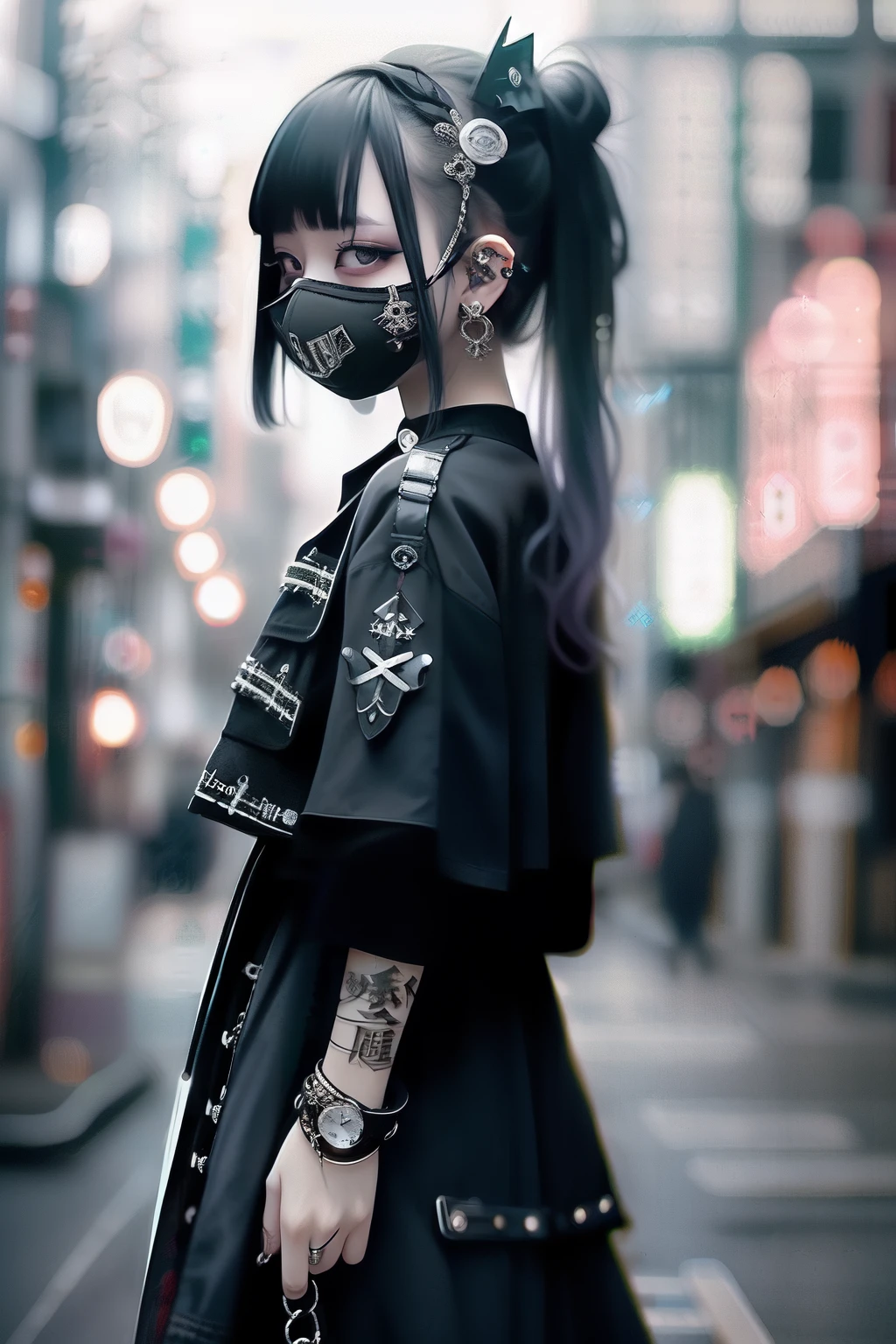 Highest quality、8K、masterpiece:1.3、Gothic Punk、The inside color is red、Black-haired、hair ornaments、Beautiful girl、creative、Dark Fantasy Style、Neogoth、Goth Fashion:1.2、High resolution、masterpiece、Highest quality、頭w:1.3、((Hasselblad Photos))、Fine skin、Sharp focus、(Cinematic lighting)、Realistic textured hair、((Black Mask)),Esbian all over、((View from below))