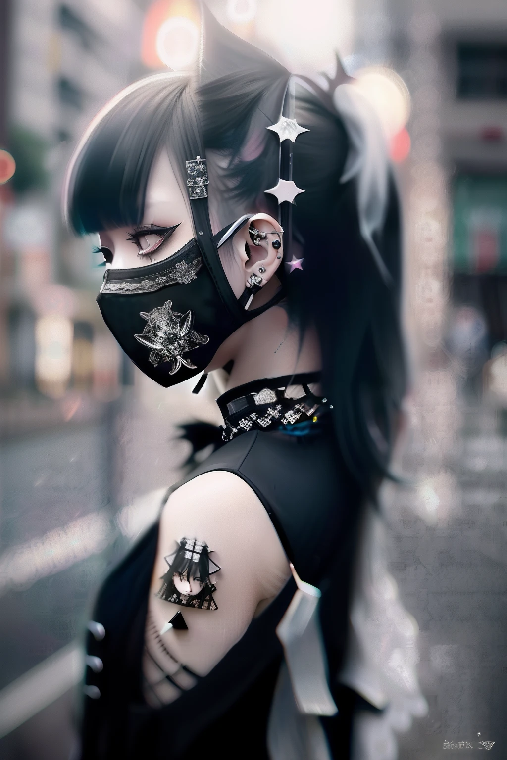 Highest quality、8K、masterpiece：1.3、Gothic Punk、The inside color is red、Black-haired、hair ornaments、Beautiful girl、creative、Dark Fantasy Style、Neogoth、Goth Fashion：1.2、High resolution、masterpiece、Highest quality、頭w:1.3、((Hasselblad Photos))、Fine skin、Sharp focus、(Cinematic lighting)、Realistic textured hair、((Black Mask)),Esbian all over、((View from below))