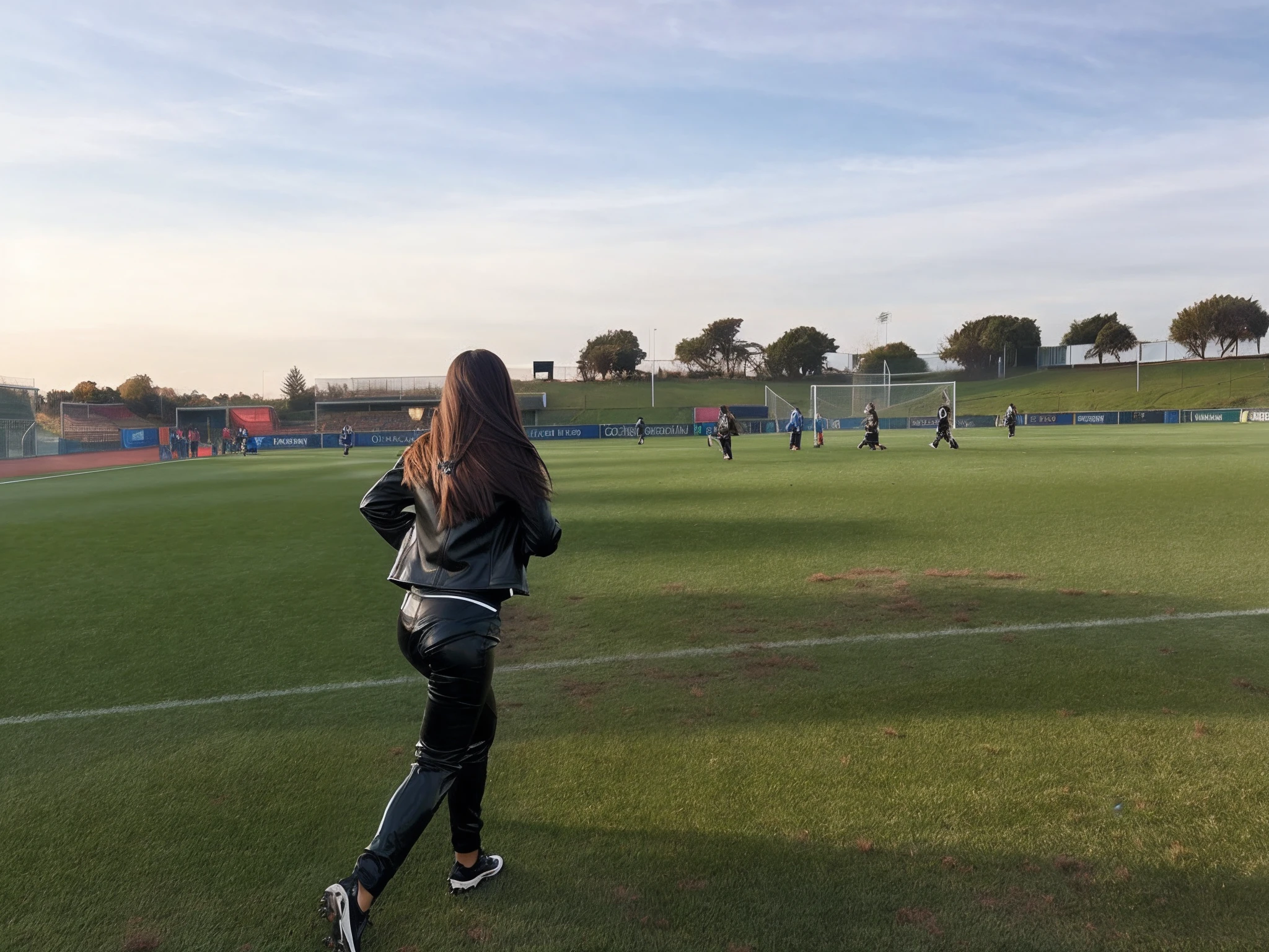a beautiful girl in a shiny leather jacket and shiny leather pants with long brown hair is hurrying onto a soccer pitch for the help of an injured player who is wtizhing in pain on the grass