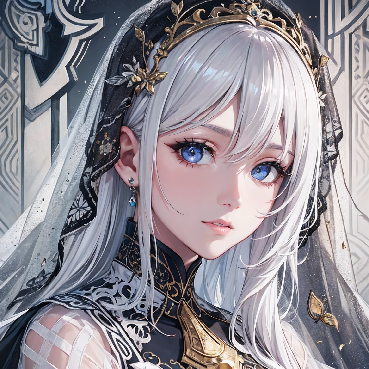 masterpiece、top-quality、hight resolution、High-quality images、8K、1womanl、detaileds、Detailed eye depiction、skin gloss、shiny very short white-silver hair,,,,、Nomiya、portlate、Monochrome grayscale、Ancient crystal ball horoscope、Mysterious Woman、Embroidered costumes、Ancient patterns、Black veil、Cover the lower half of the face with a veil、Very pale eye color