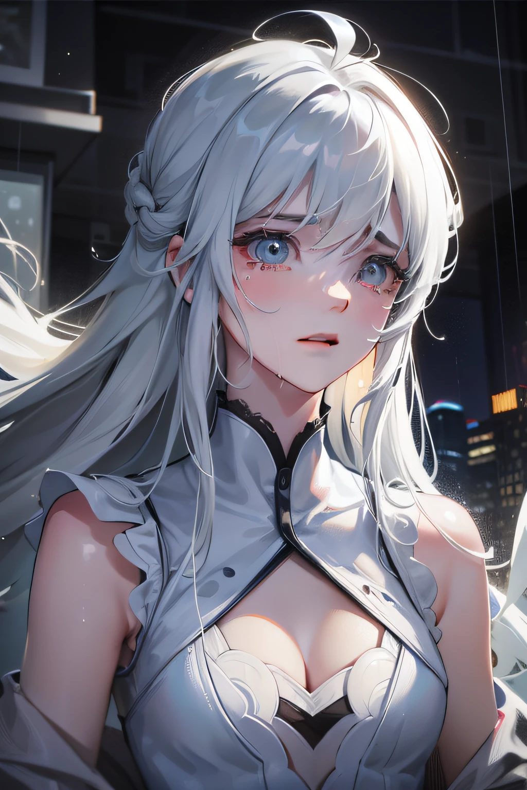 a teenager male，The upper part of the body， Cry for love， At the top of the building， Heavy raindrops fell， wetclothes， Wet hair， Clear face， Solitude， streaming tears， eyes reflection， streaming tears， teardrop， Ray traching， reflective light， lightand shade contrast， cinmatic lighting， closeup cleavage， tmasterpiece， best qualtiy， high detal， A high resolution， ccurate， textureskin， high high quality， hyper HD， HD
