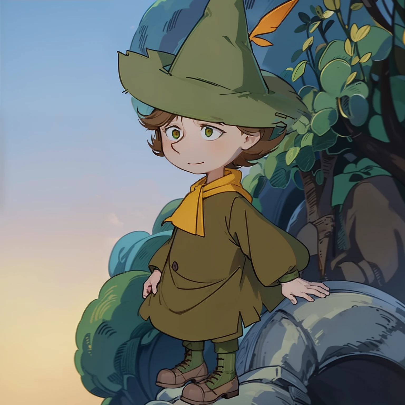 Snufkin, 1boy, short brown hair, pointy nose, green coat, green pants, brown boots, green hat with yellow feather, yellow scarf, dark brown eyes, perfect anatomy, solo, portrait, better face, better hands